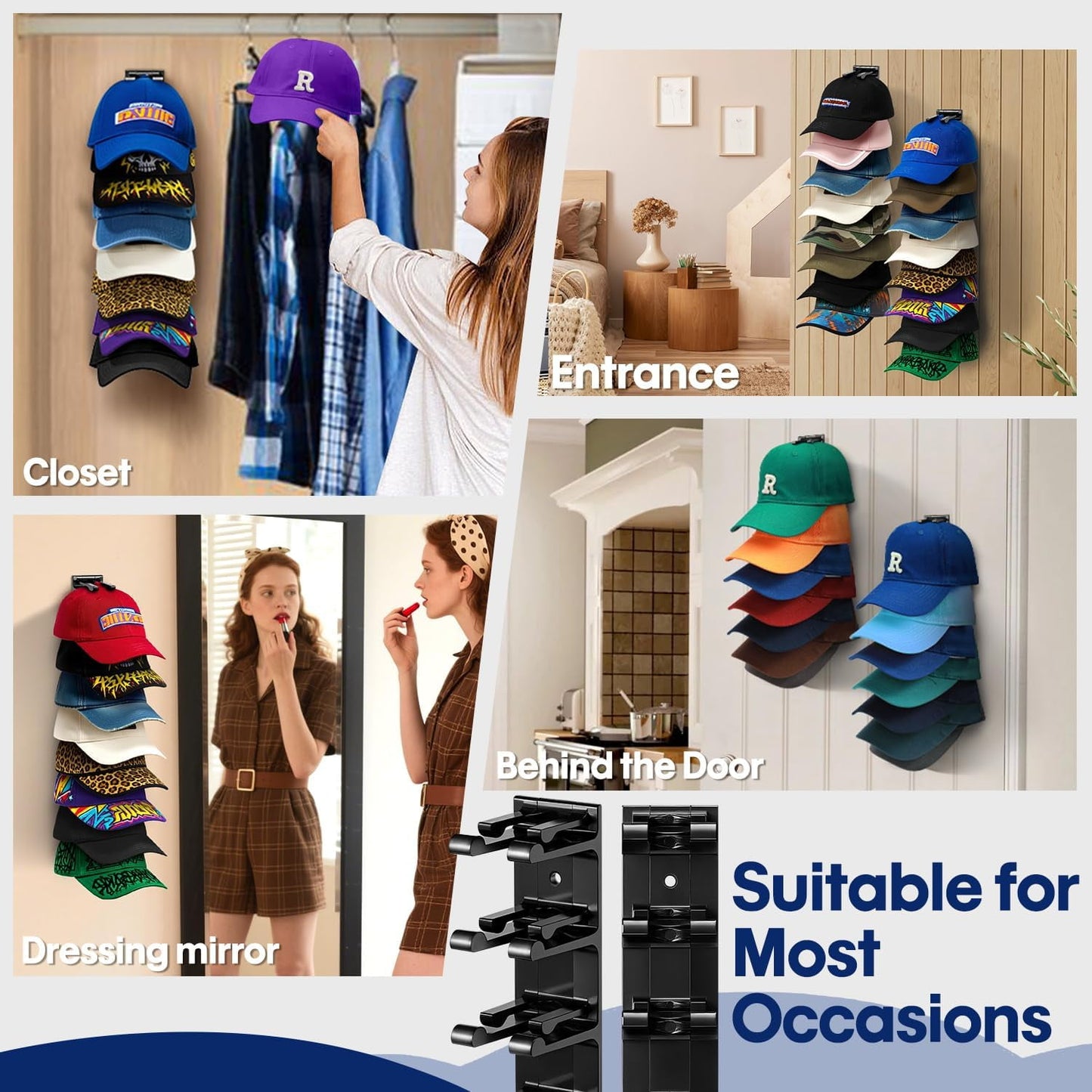 Livhil 2 Pack Hat Rack for Baseball Caps, Adhesive Hat Holder for Wall, Baseball Hat Storage Hold Up to 20 Hats