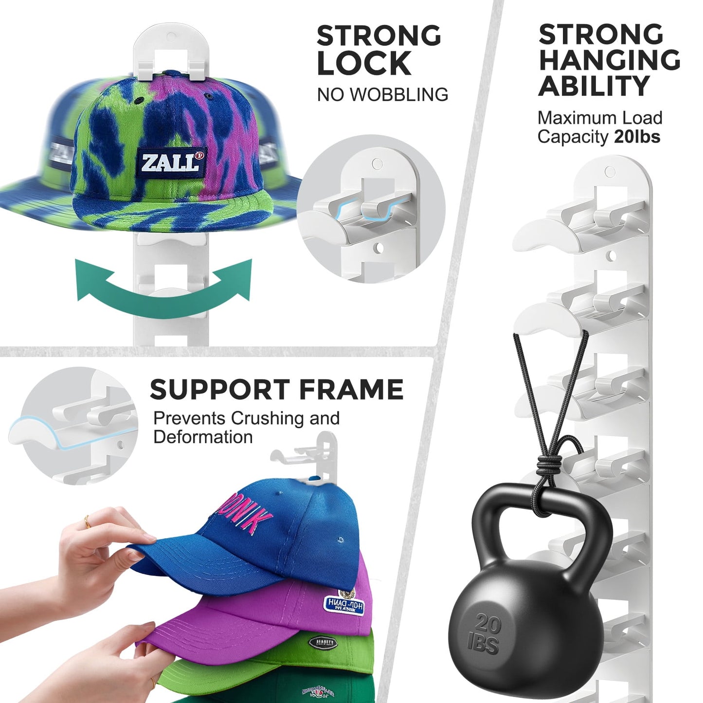 Livhil 2 Pack Hat Rack for Baseball Caps, Adhesive Hat Holder for Wall, Baseball Hat Storage Hold Up to 20 Hats