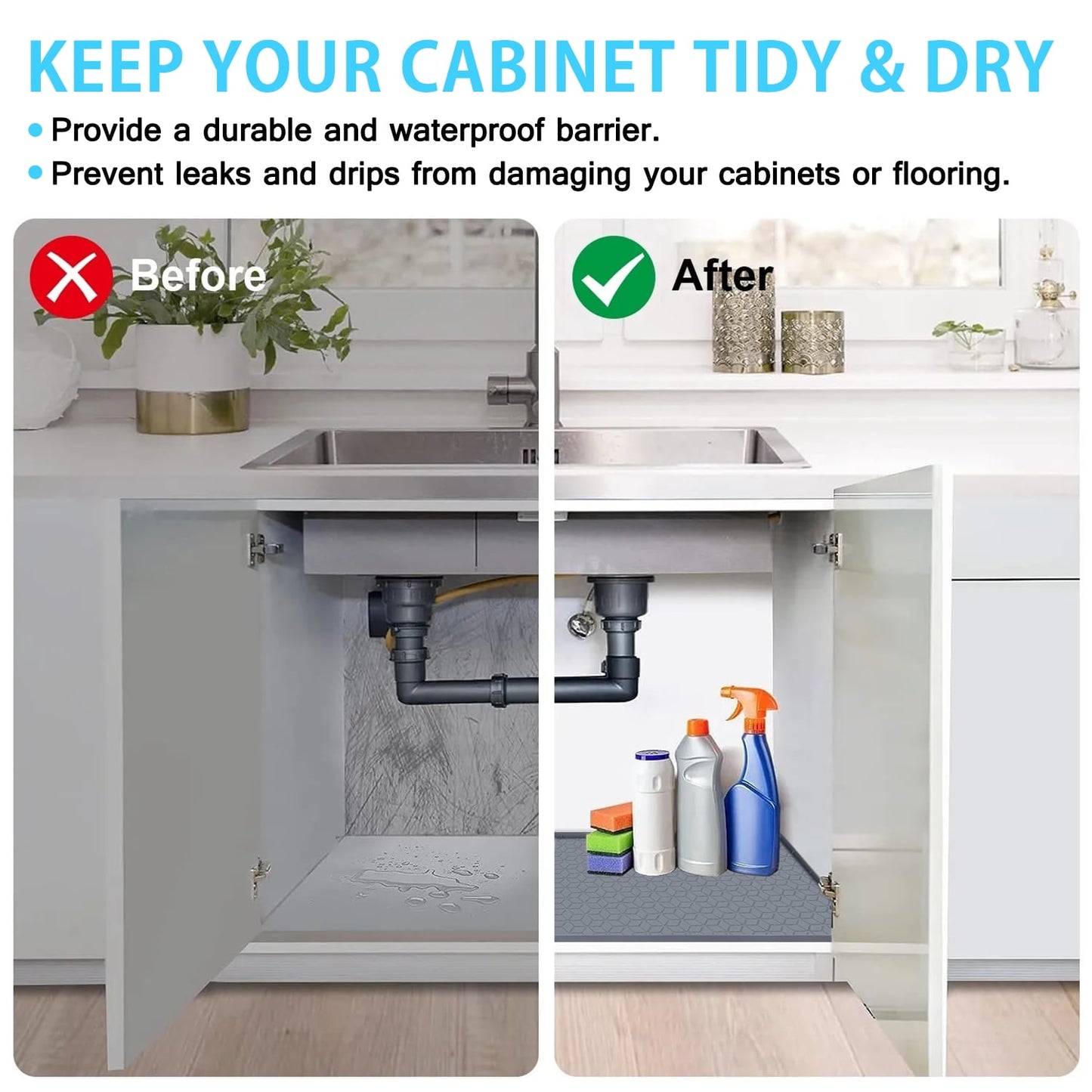 Livhil Under Sink Mat for Kitchen Waterproof, 34"x 22" Silicone Sink Mat Cabinet Liner for Bathroom Under Sink Mat with Raised Edge