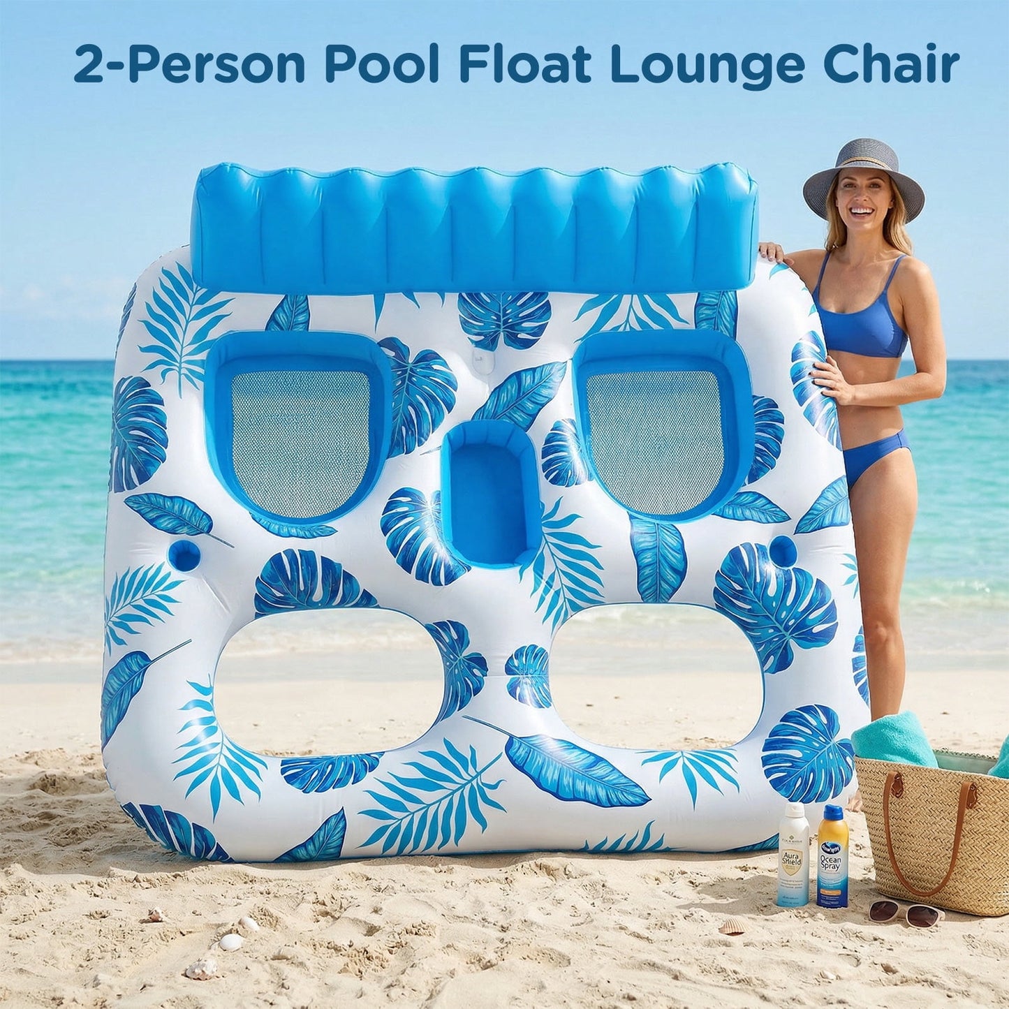 Livhil Inflatable Pool Float, 2 Person Pool Floats for Adults, Double Inflatable Lounger Pool Raft with Backrest & Cup Holders, Summer Water Fun for Pool Beach Lake