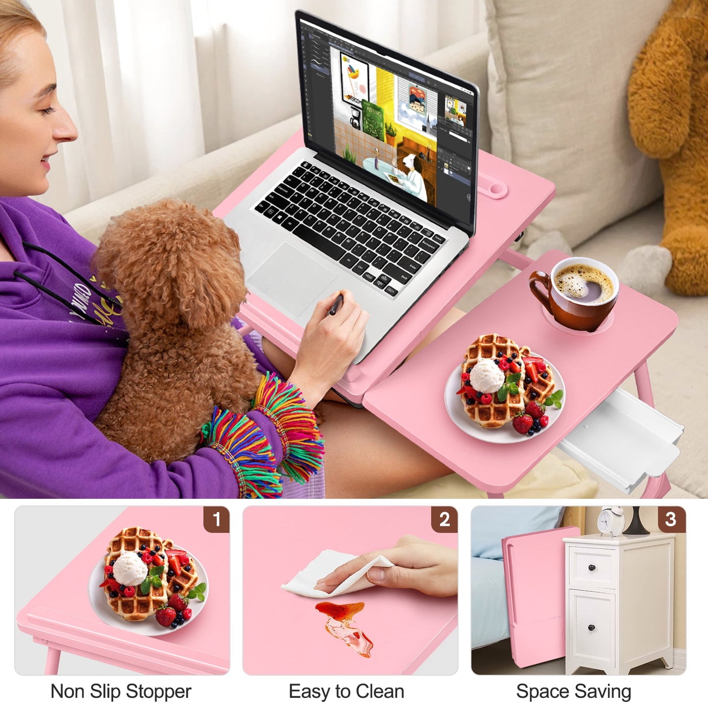 Livhil Lap Desk- Fits up to 15.6 Inch Laptop Desk, Foldable Bed Tray Breakfast Table with 5 Angles Tilting Top