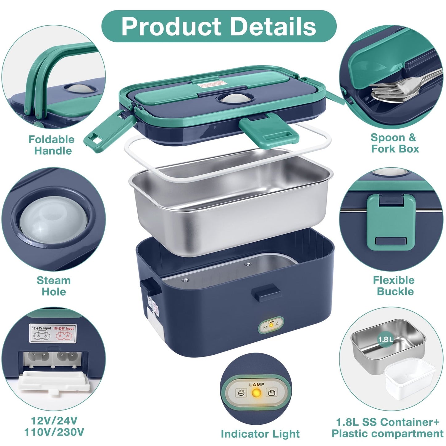 Livhil Electric Lunch Box Food Heater, Portable Food Warmer, Hot Lunch Warmer Heated Lunch Box for Adults, 60W 1.8L 12V-24V 110V Stainless Steel Container Portable Food Heater