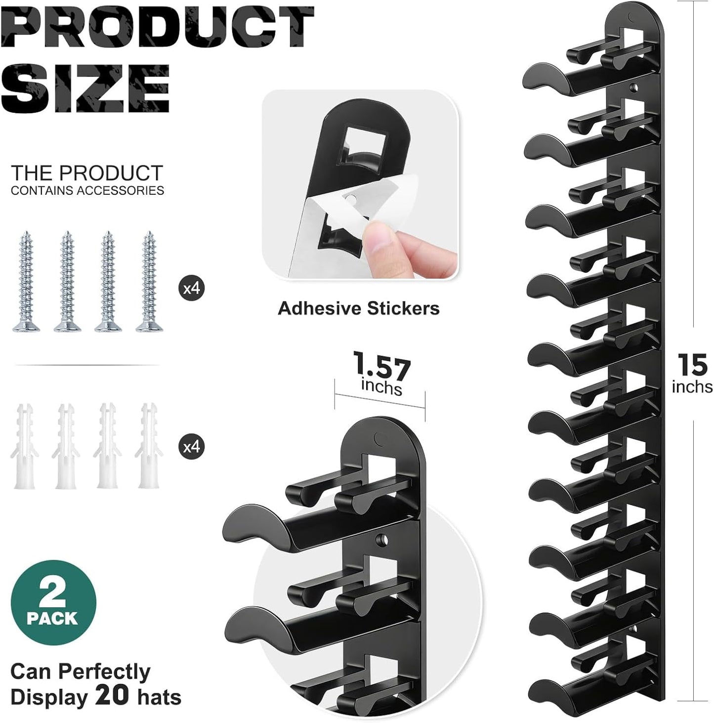 Livhil 2 Pack Hat Rack for Baseball Caps, Adhesive Hat Holder for Wall, Baseball Hat Storage Hold Up to 20 Hats