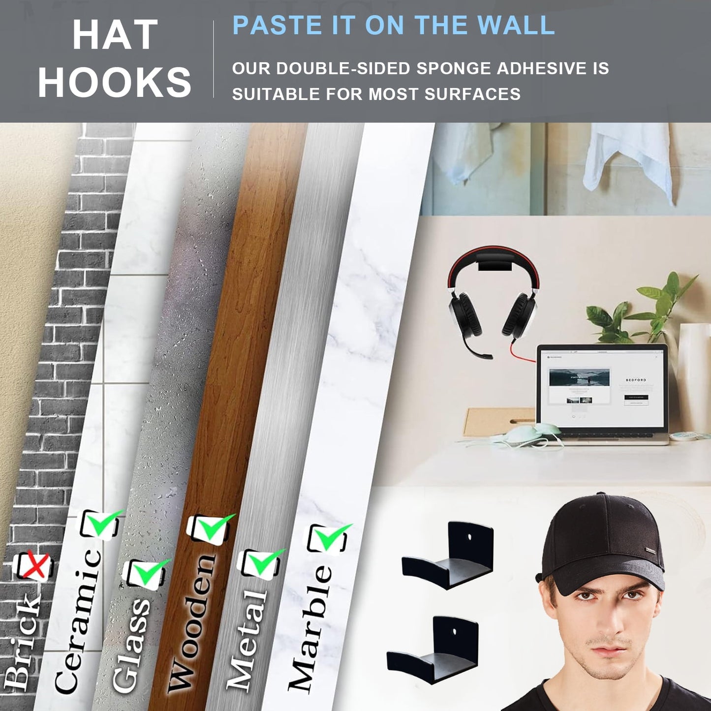 Livhil 24 Pack Adhesive Hat Hooks for Wall, Wide Brim Hat Holder Organizer, Strong Hold Hat Rack for Baseball Caps