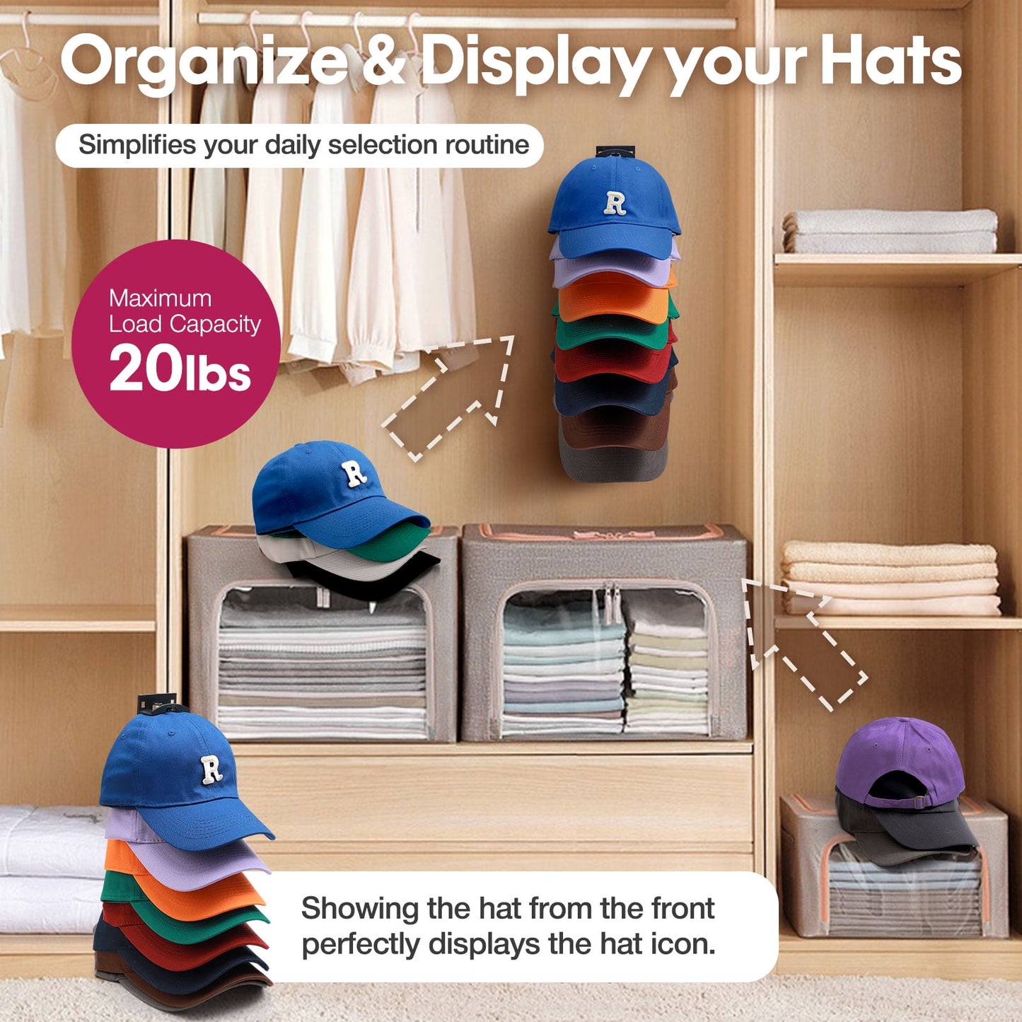 Livhil 2 Pack Hat Organizer for Baseball Caps, Adhesive Hat Rack for The Wall, Baseball Hat Organizer Hold Up to 16 Hats, Black