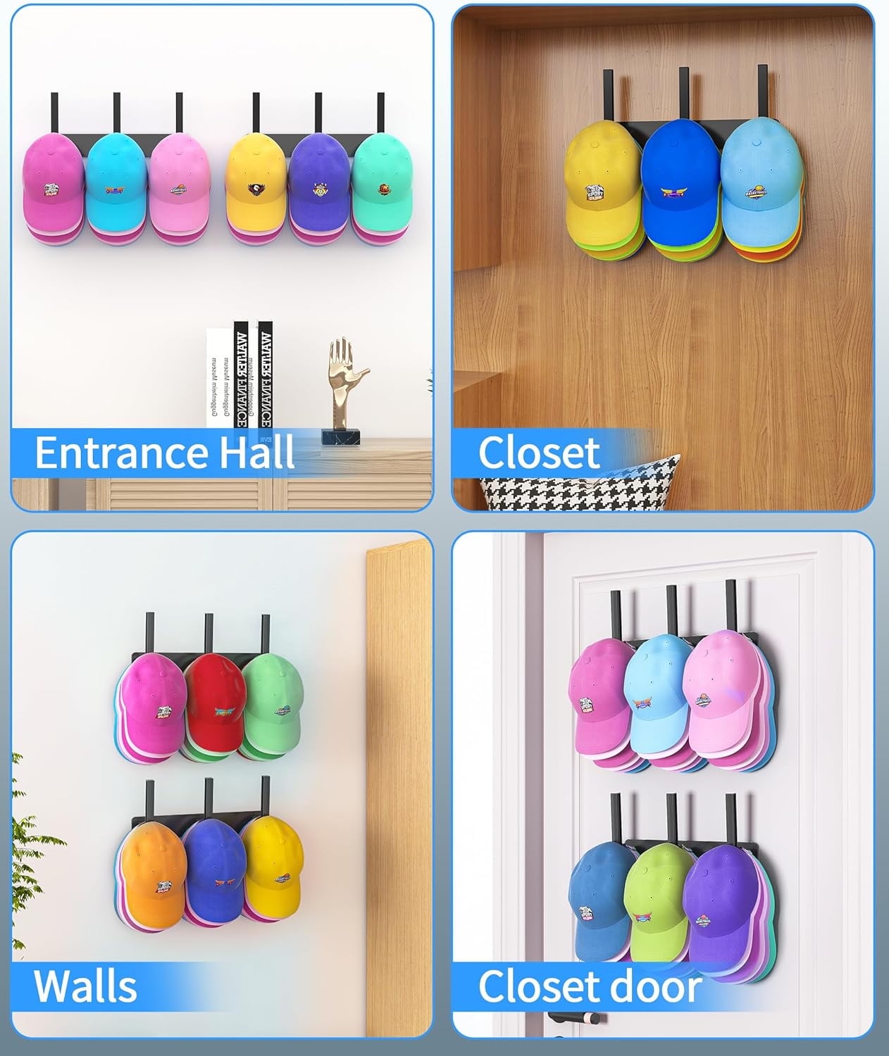 Livhil Hat Rack 2 Packs, Removable Long Row Hat Hooks for Wall, 2 Mounting Options Baseball Hat Organizer Holds 30 Hats