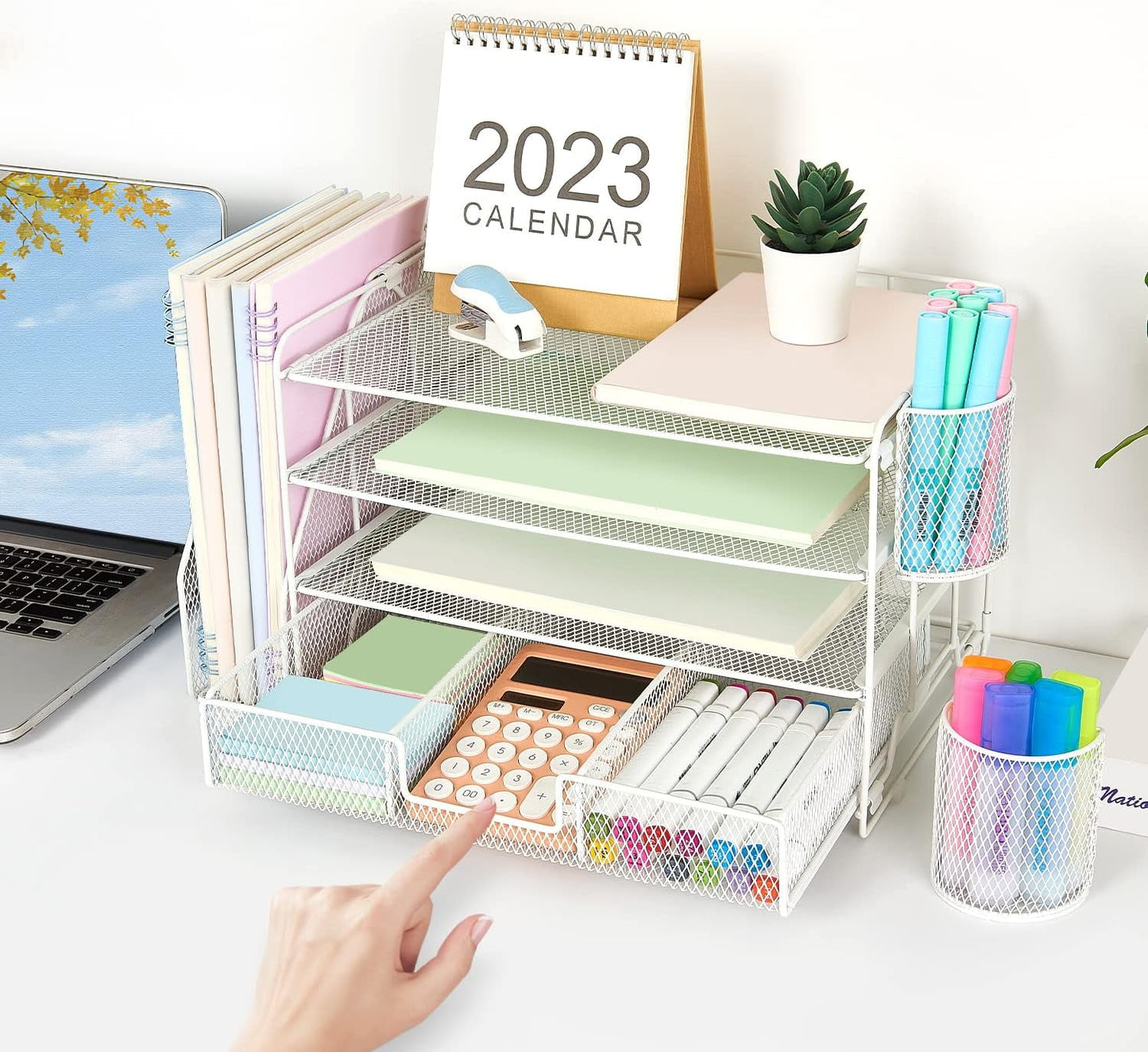 Livhil Desk Organizer Office Accessories, 4-Tier Desk Organizers and Storage & Workspace with Drawer and 2 Pen Holder for Office Supplies (Black)