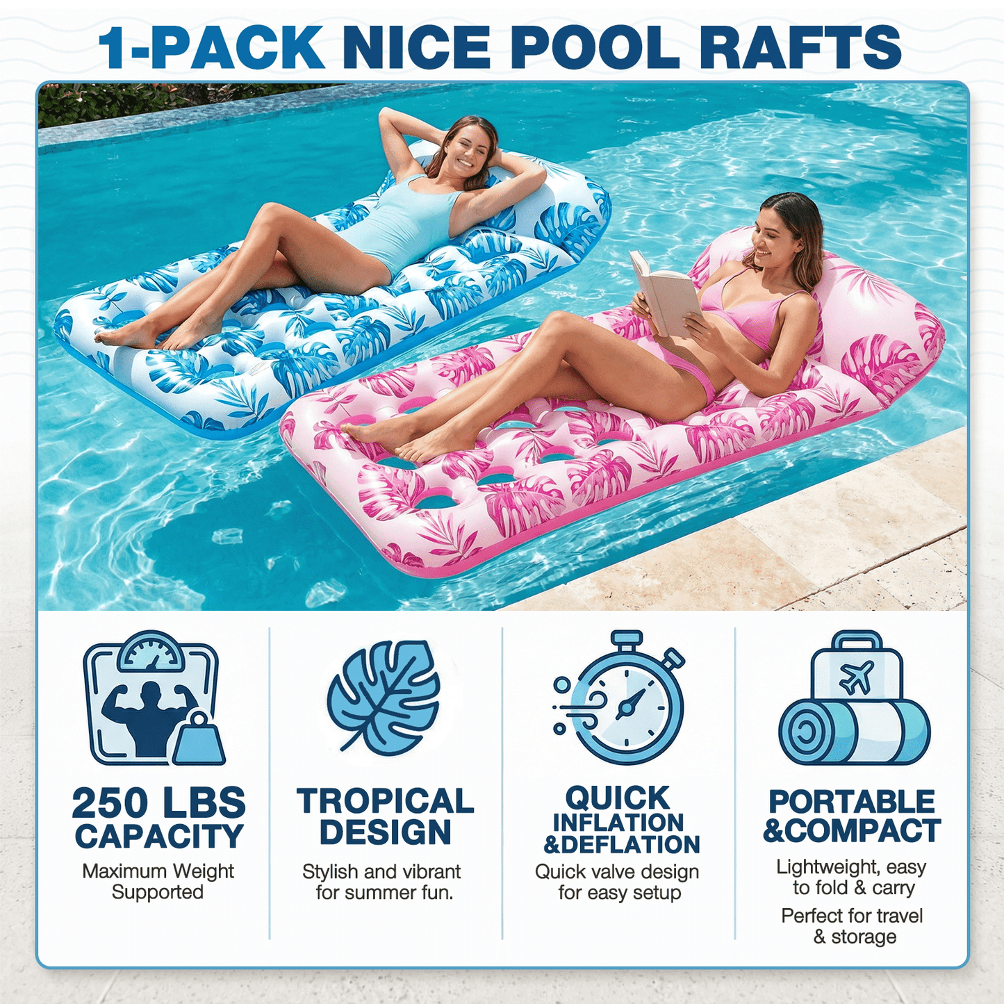 Livhil Inflatable Pool Floats Adult, Large Pool Float , Pool Lounger with Headrest, Pool Rafts, Tanning Pool for Swimming Pool Party