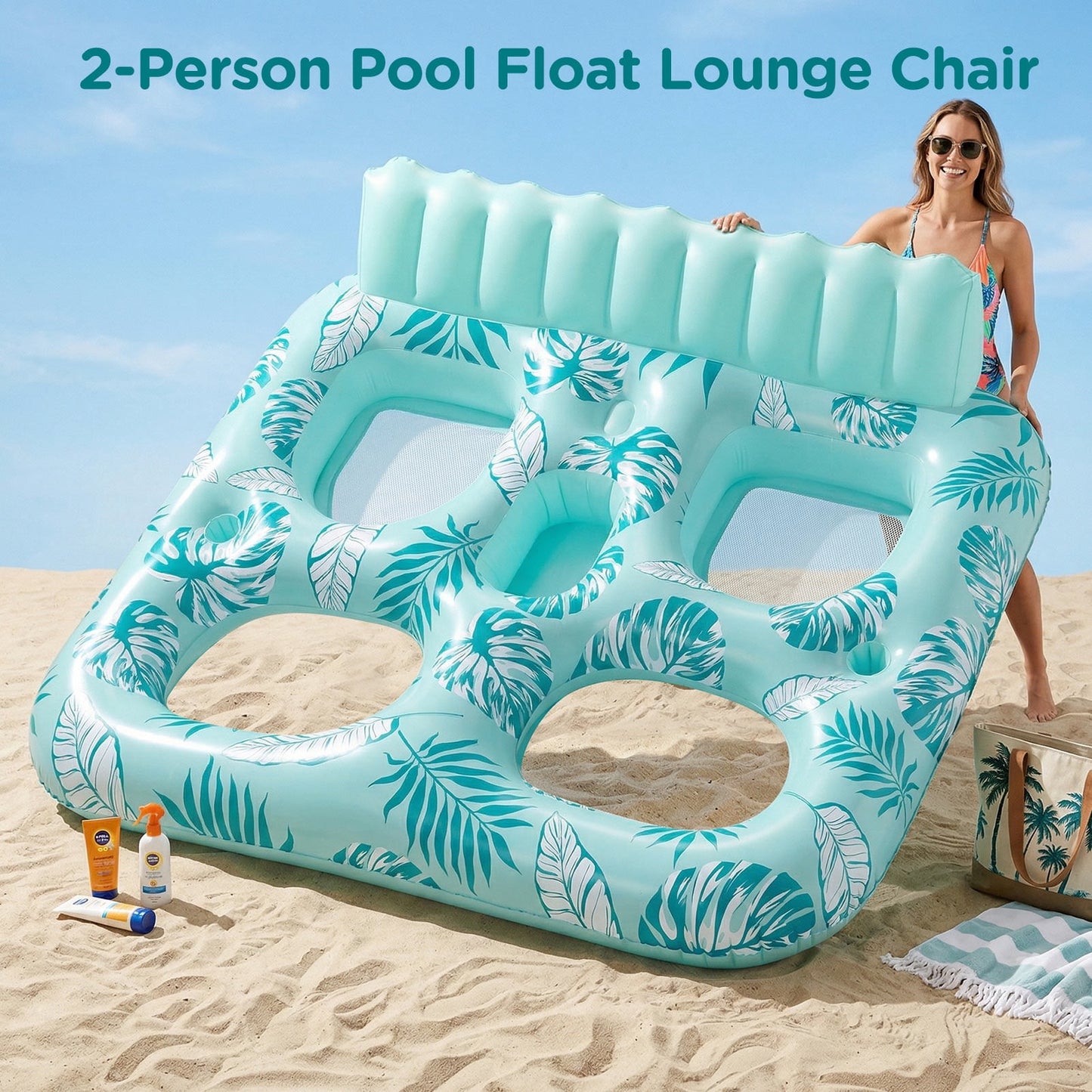 Livhil Inflatable Pool Float, 2 Person Pool Floats for Adults, Double Inflatable Lounger Pool Raft with Backrest & Cup Holders, Summer Water Fun for Pool Beach Lake