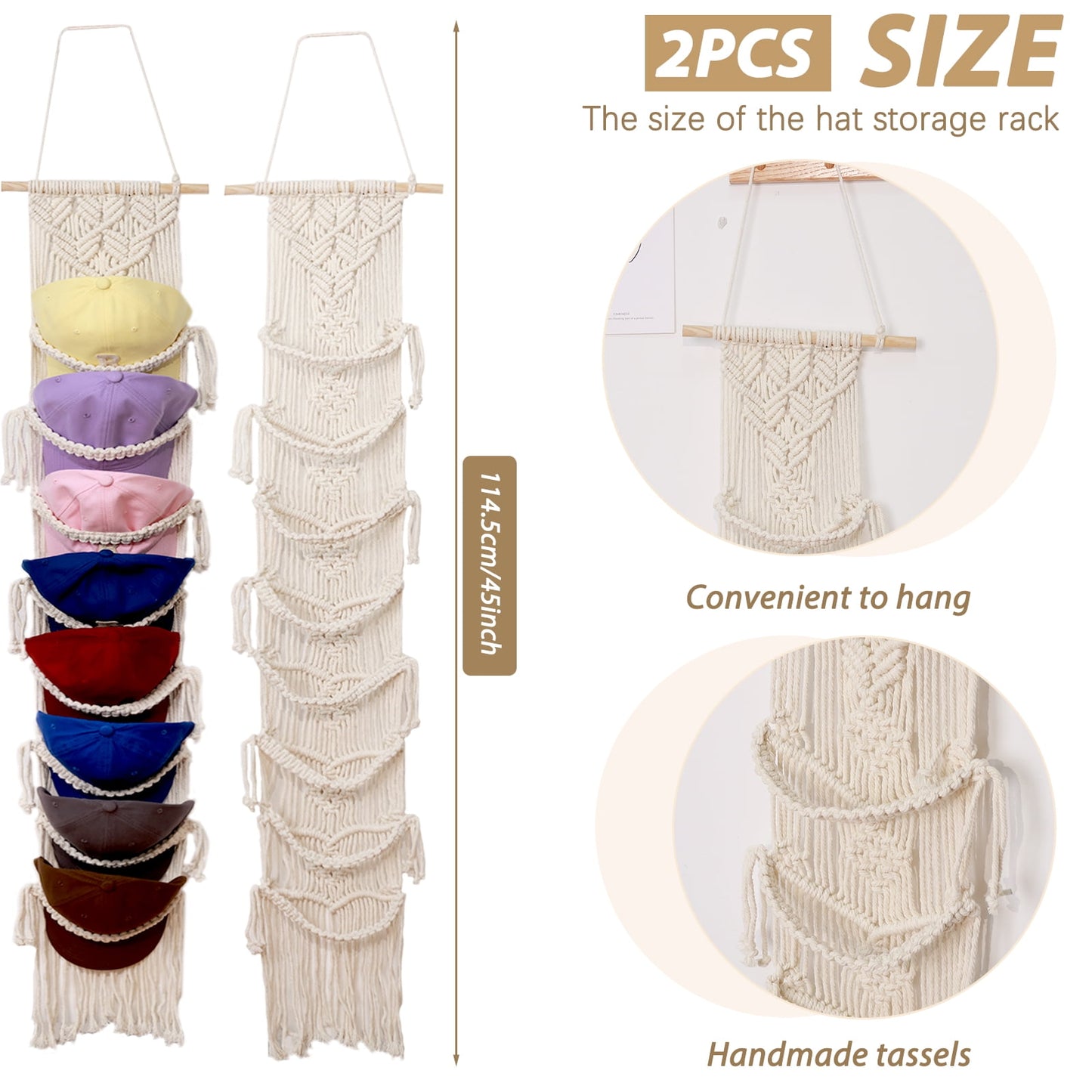 Livhil Boho Hat Rack for the Wall, Macrame Hat Hanger for Baseball Caps Organizer, Bohemian Hat Holder for Hanging Decoration and Display