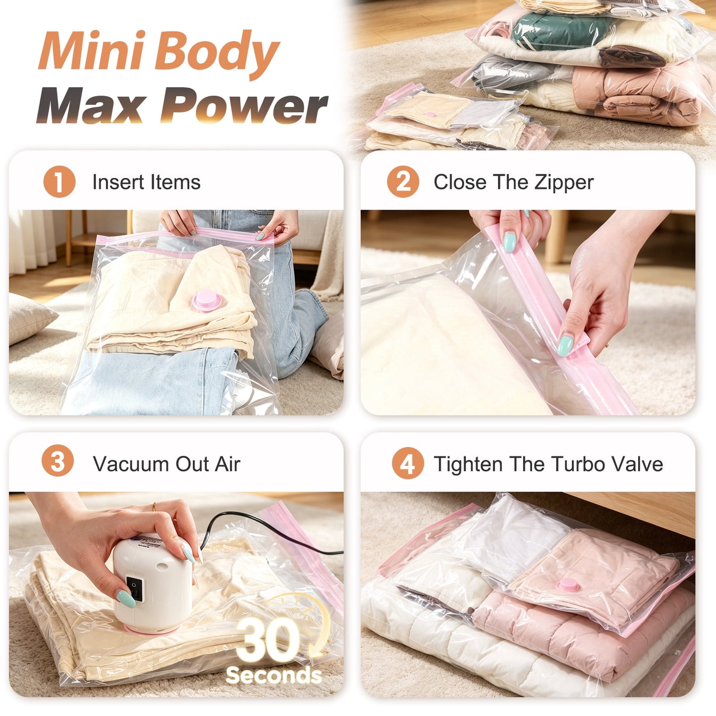 Livhil 15Pcs Pink Vacuum Seal Bags for Clothes, Travel Vacuum Storage Bags with Pump, Dorm Room Essentials, Four Sizes