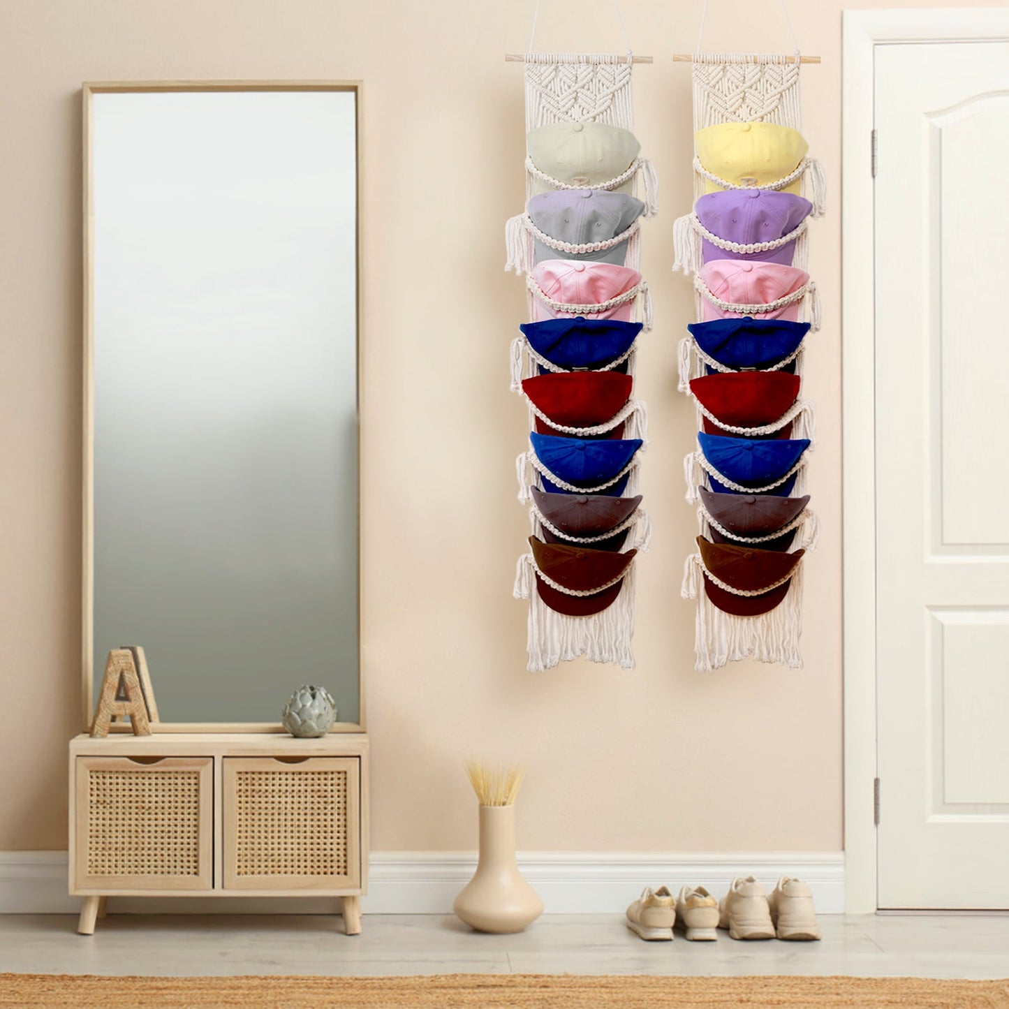 Livhil Boho Hat Rack for the Wall, Macrame Hat Hanger for Baseball Caps Organizer, Bohemian Hat Holder for Hanging Decoration and Display