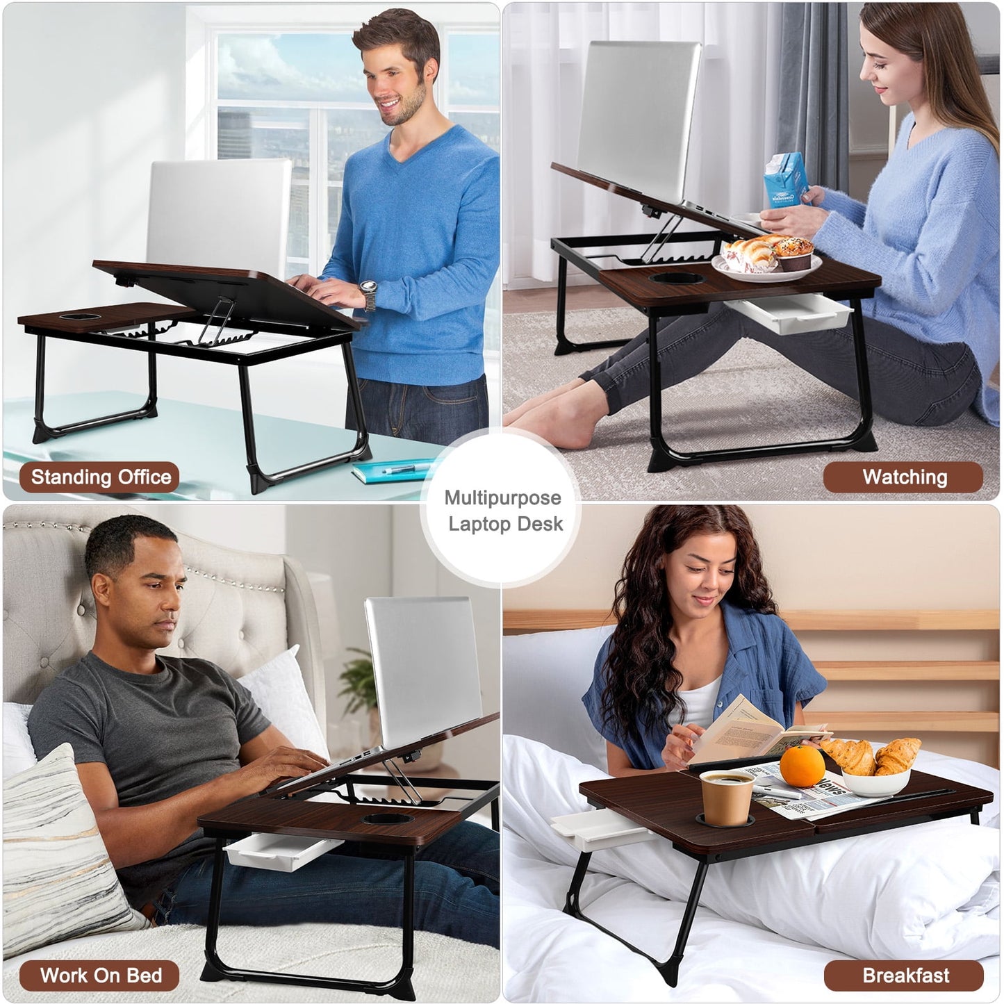 Livhil Lap Desk- Fits up to 15.6 Inch Laptop Desk, Foldable Bed Tray Breakfast Table with 5 Angles Tilting Top