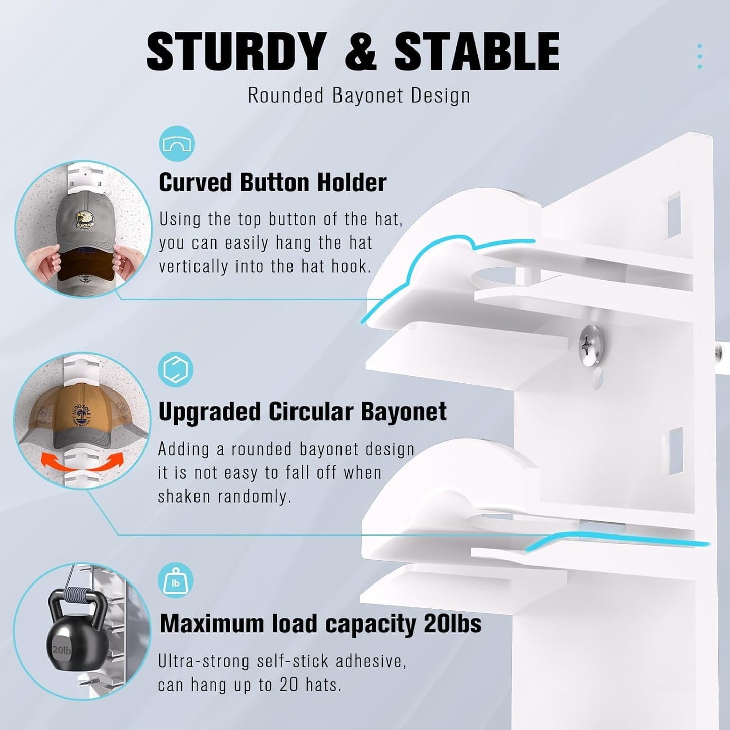 Livhil Hat Organizer for Baseball Caps 2Pack, Hat Rack for Wall with Strong Adhesive Hold up to 20 Hats, Hat Hanger Holder Display for Door Closet