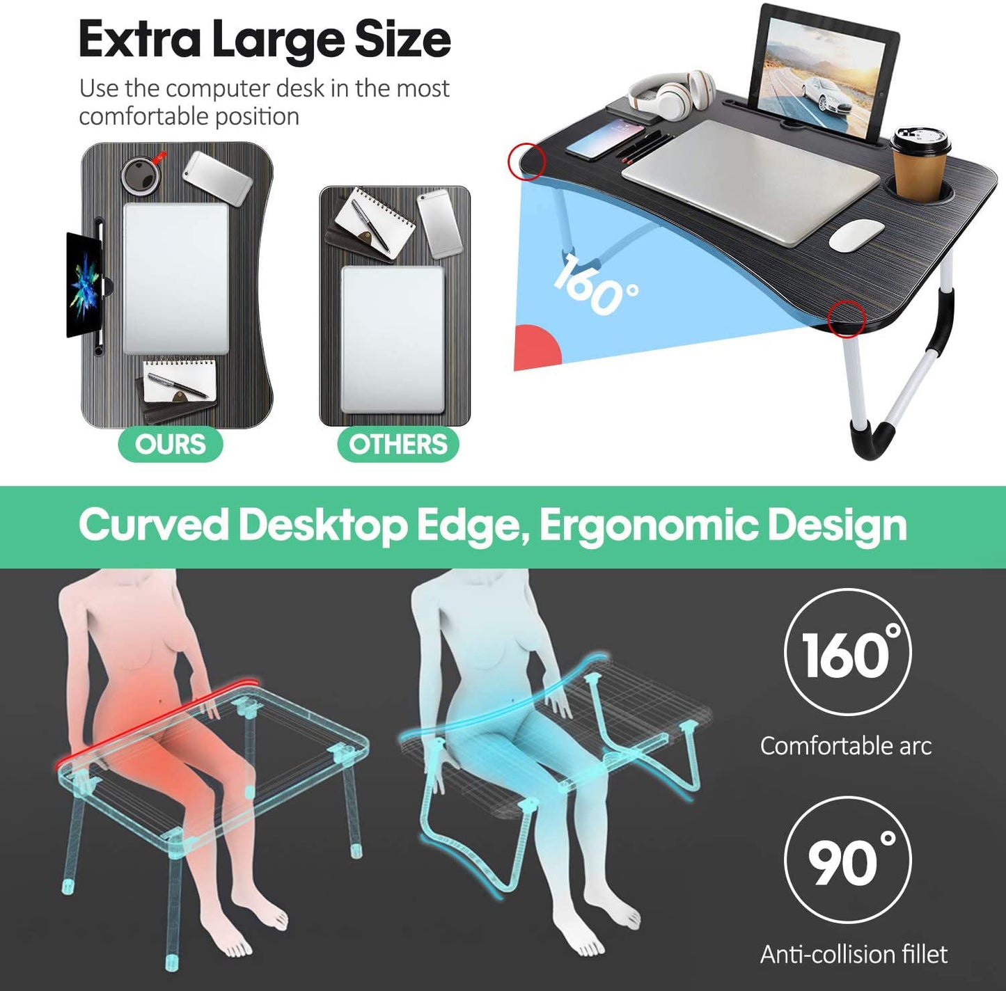 Portable Laptop Bed Table, Fordable Lap Desk with Cup Slot Notebook Stand Breakfast Bed Trays for Eating