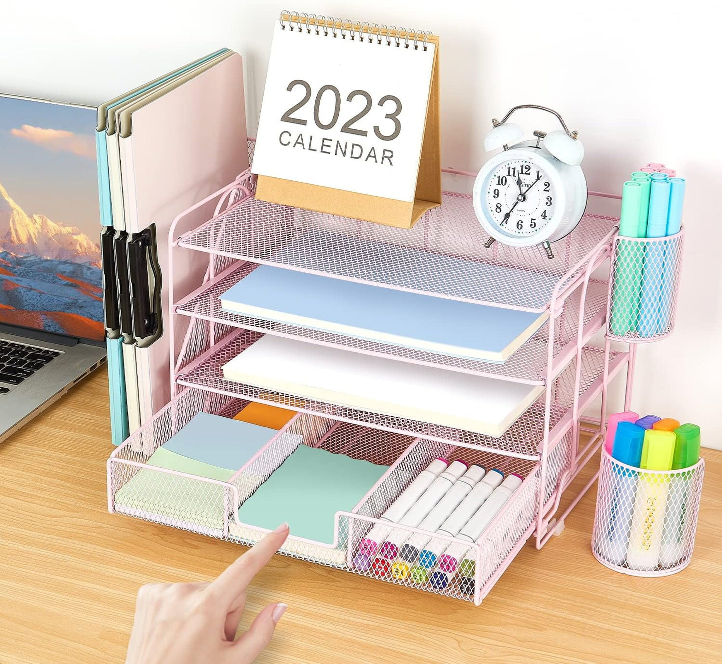 Livhil Desk Organizer Office Accessories, 4-Tier Desk Organizers and Storage & Workspace with Drawer and 2 Pen Holder for Office Supplies (Black)