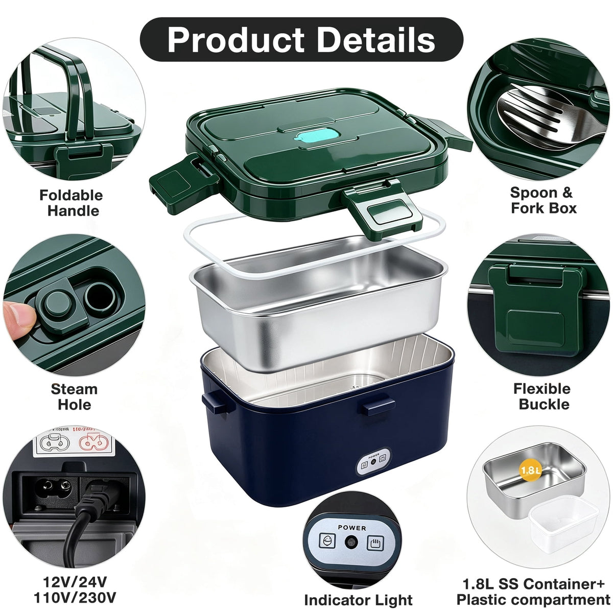 Livhil Electric Lunch Box Food Heater, Portable Food Warmer, Hot Lunch Warmer Heated Lunch Box for Adults, 60W 1.8L 12V-24V 110V Stainless Steel Container Portable Food Heater (Dark Blue Green)