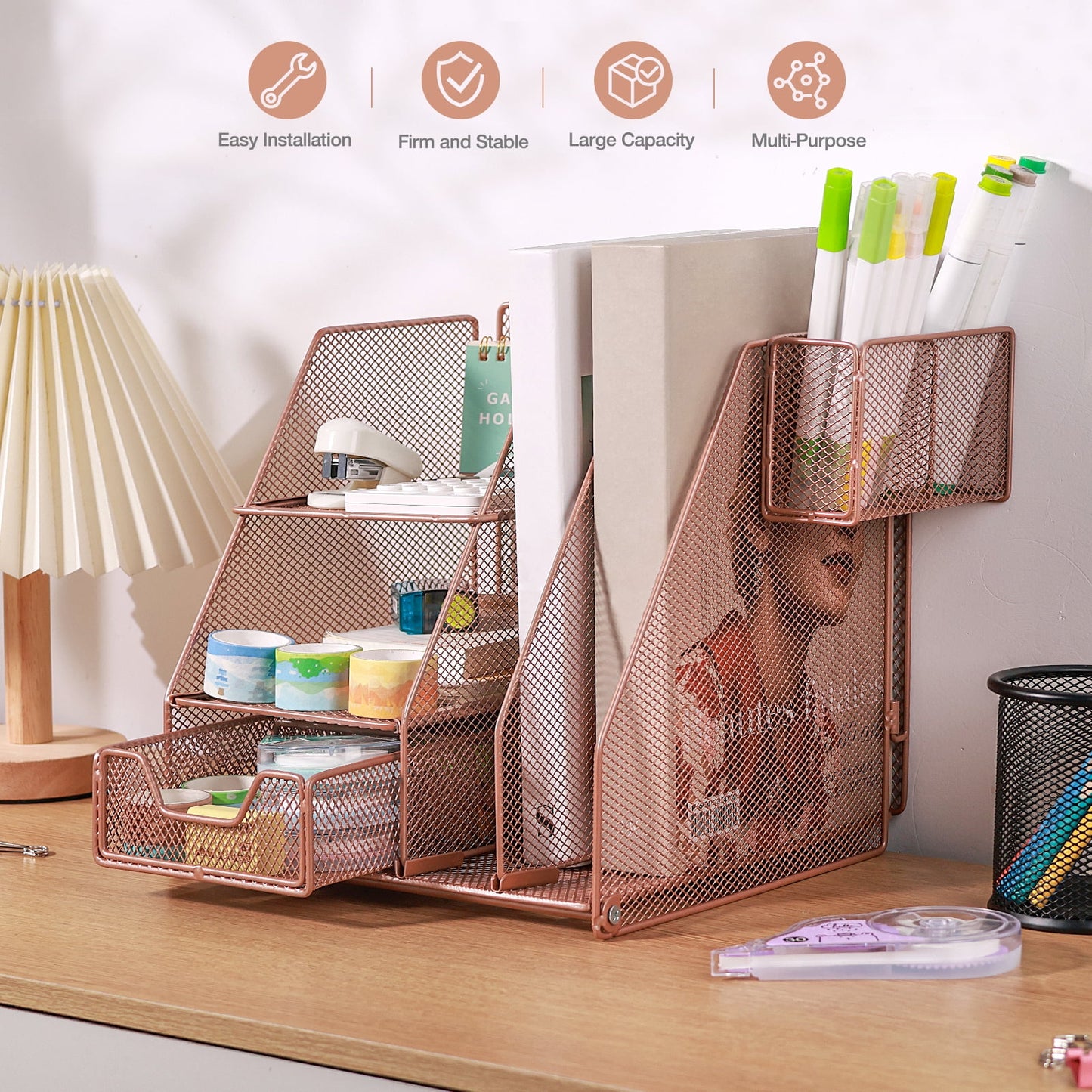 Livhil Desk Organizer Office Accessories, Workspace Rose Gold Desktop Organizer, File Organizer for Desk Drawer Organizer