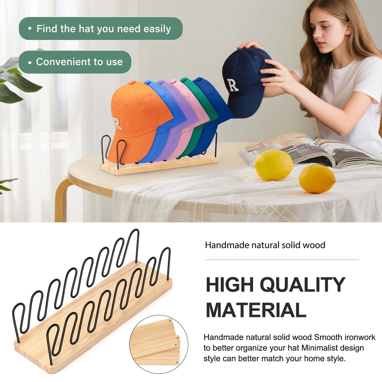 Livhil Hat Organizer for Baseball Caps, Premium Wood and Metal Design Tabletop Hat Stand for Baseball Caps, Hat Rack for Closet