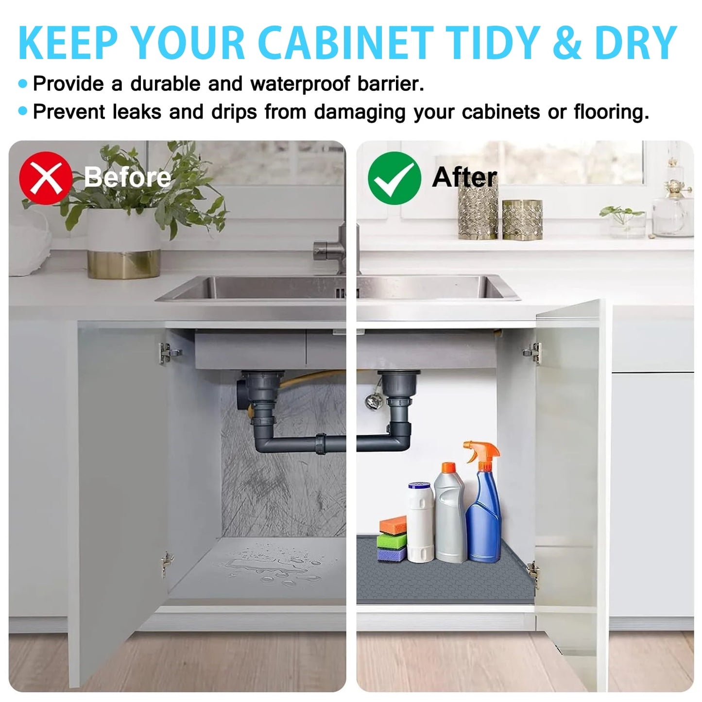 Livhil Under Sink Mat for Kitchen Waterproof, 34"x 22" Silicone Sink Mat Cabinet Liner for Bathroom Under Sink Mat with Raised Edge