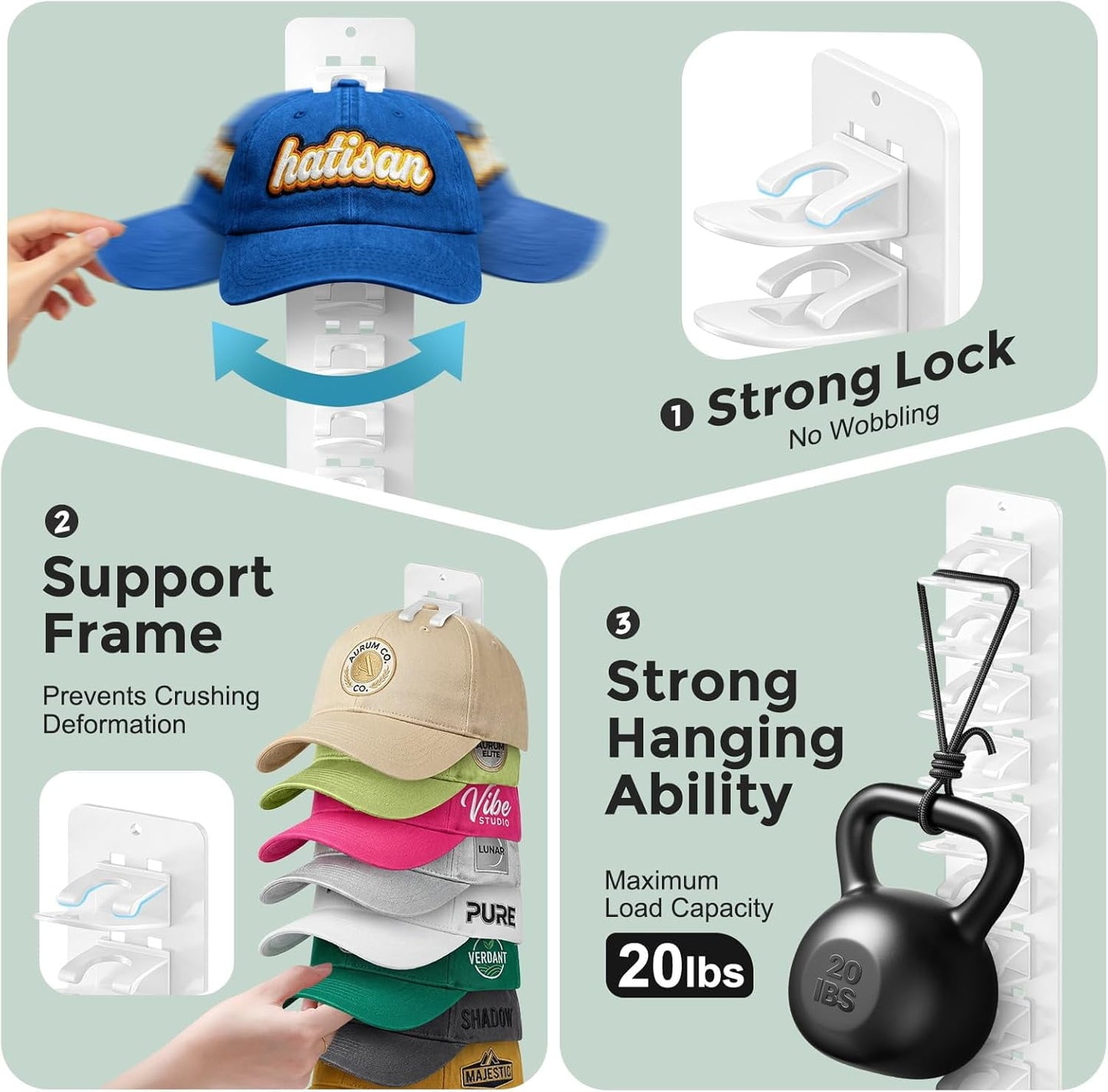 Livhil 2 Pack Hat Organizer for Baseball Caps, Detachable DIY Hat Rack Hold up to 22 Hats, Hat Holder for Wall Closet Door Bedroom (C-Black)