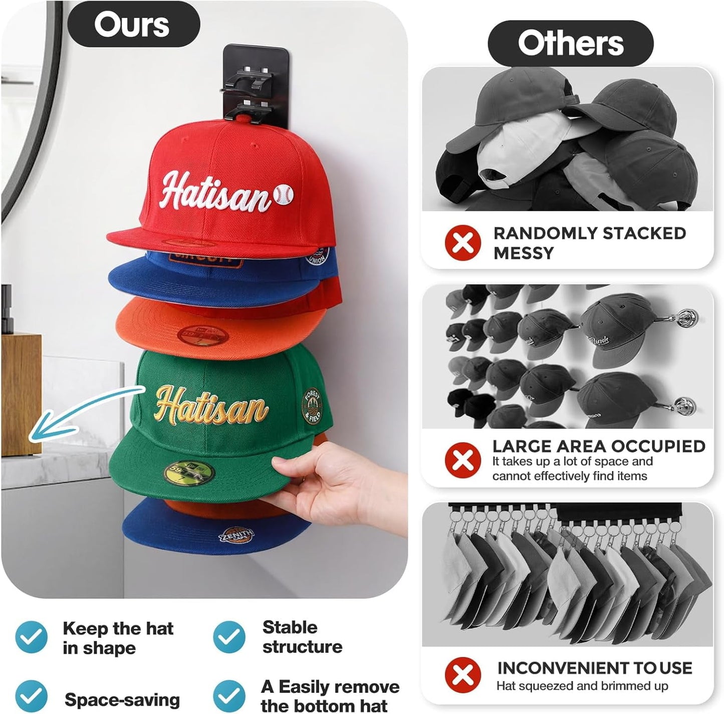 Livhil 2 Pack Hat Organizer for Baseball Caps, Detachable DIY Hat Rack Hold up to 22 Hats, Hat Holder for Wall Closet Door Bedroom (C-Black)