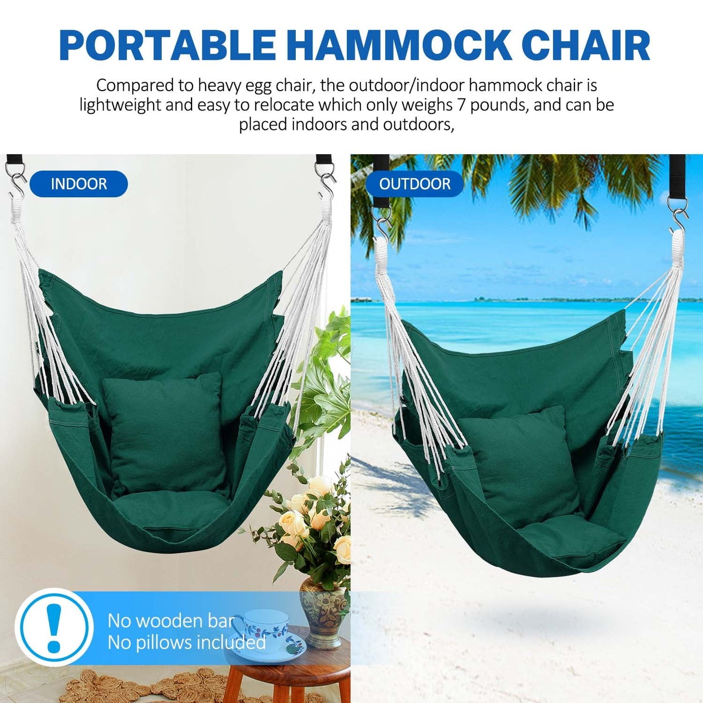 Livhil Hammock Chair Hanging Rope Hammock Swing Chair, Max 330 lbs Portable Hanging Hammock Chair (Dark Green)