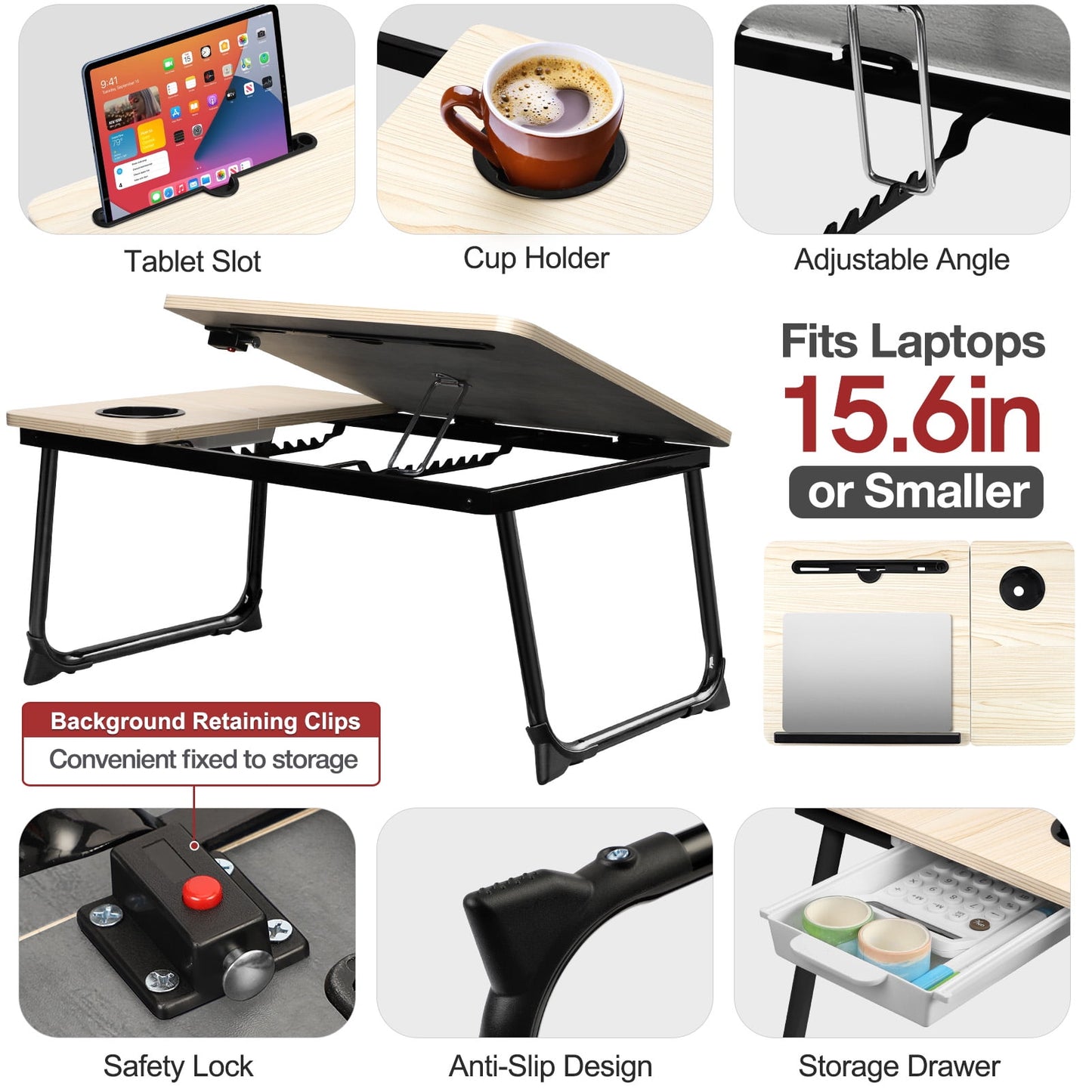 Livhil Lap Desk- Fits up to 15.6 Inch Laptop Desk, Foldable Bed Tray Breakfast Table with 5 Angles Tilting Top