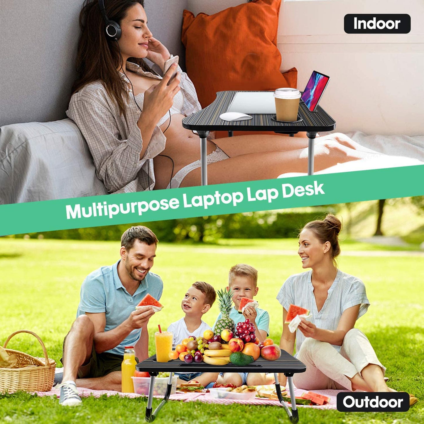 Portable Laptop Bed Table, Fordable Lap Desk with Cup Slot Notebook Stand Breakfast Bed Trays for Eating