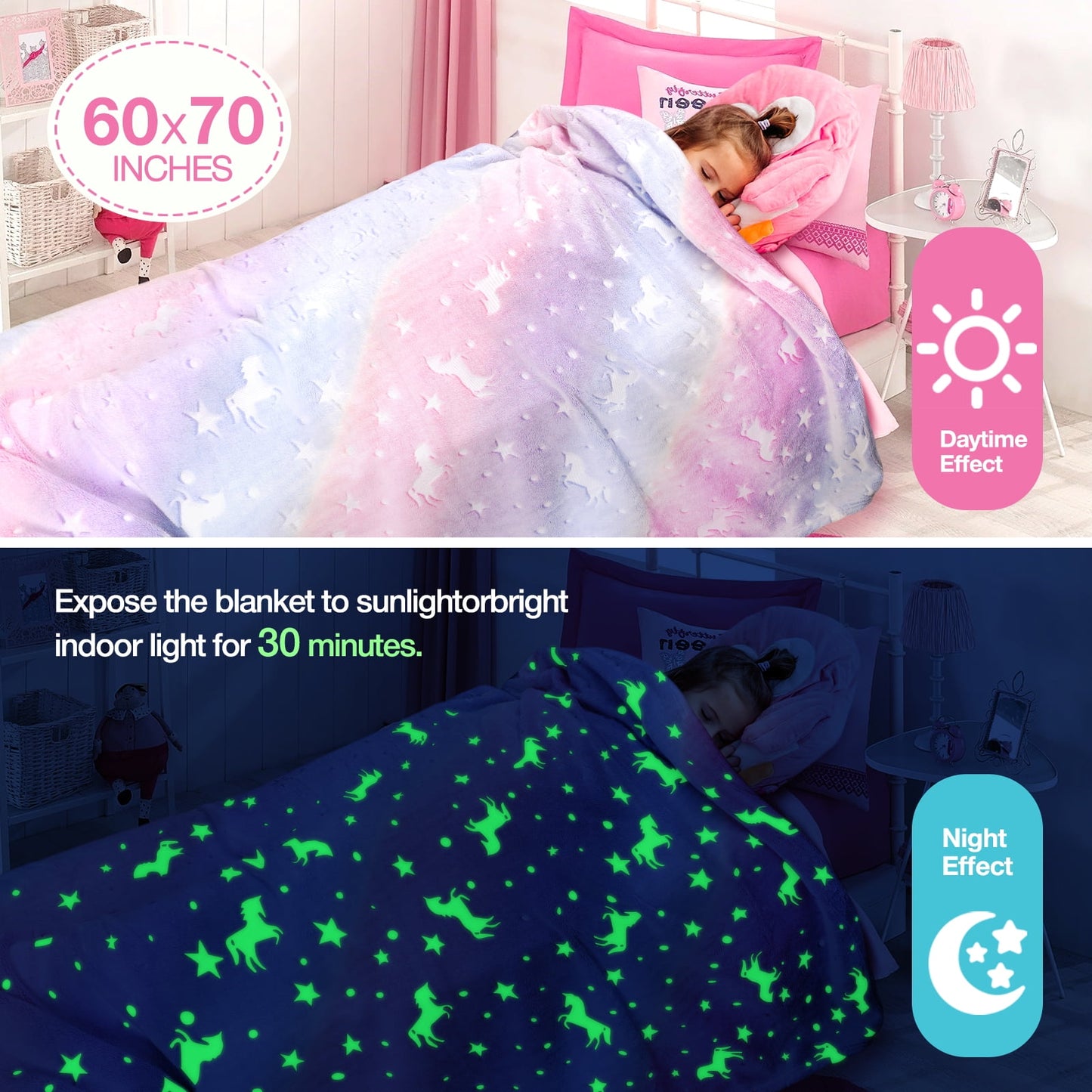 Livhil Glow in the Dark Blanket Throws Unicorns Gifts for Girls, 60 x 70in, Unicorn Blankets