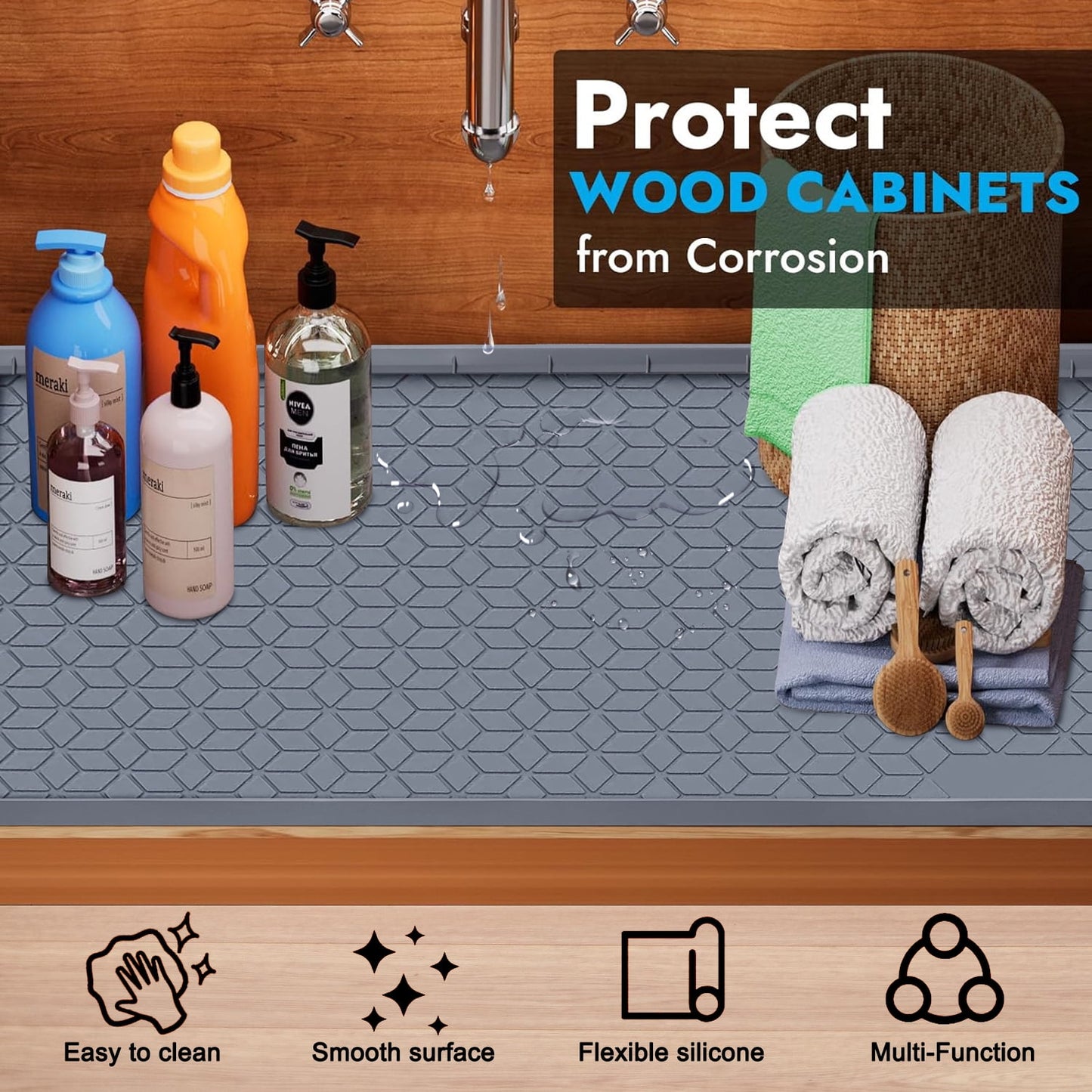 Livhil Under Sink Mat for Kitchen Waterproof, 34"x 22" Silicone Sink Mat Cabinet Liner for Bathroom Under Sink Mat with Raised Edge