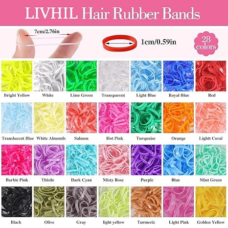 Livhil 24 Colors Hair Rubber Bands with Tail Hair Tools and Hair Clips, 1695 Pcs Elastic Small Hair Ties, Hair Accessories