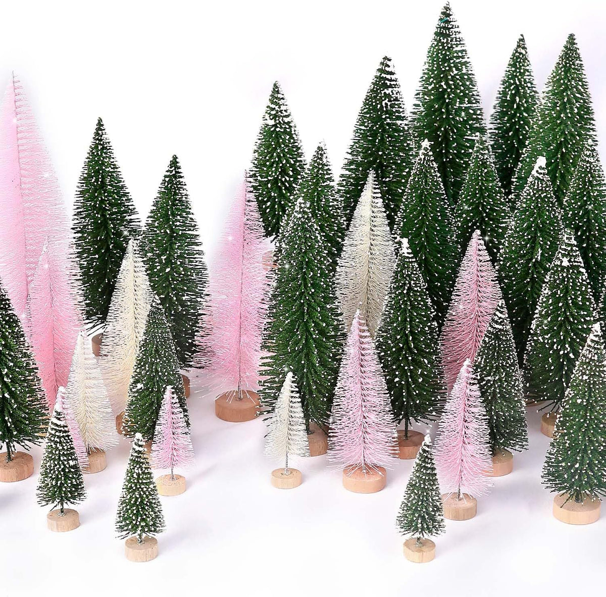 hatisan 30pcs Mini Christmas Trees Artificial Christmas Tree Bottle Brush Trees with Wooden Base for Christmas Decor Party Home Table Craft Decorations