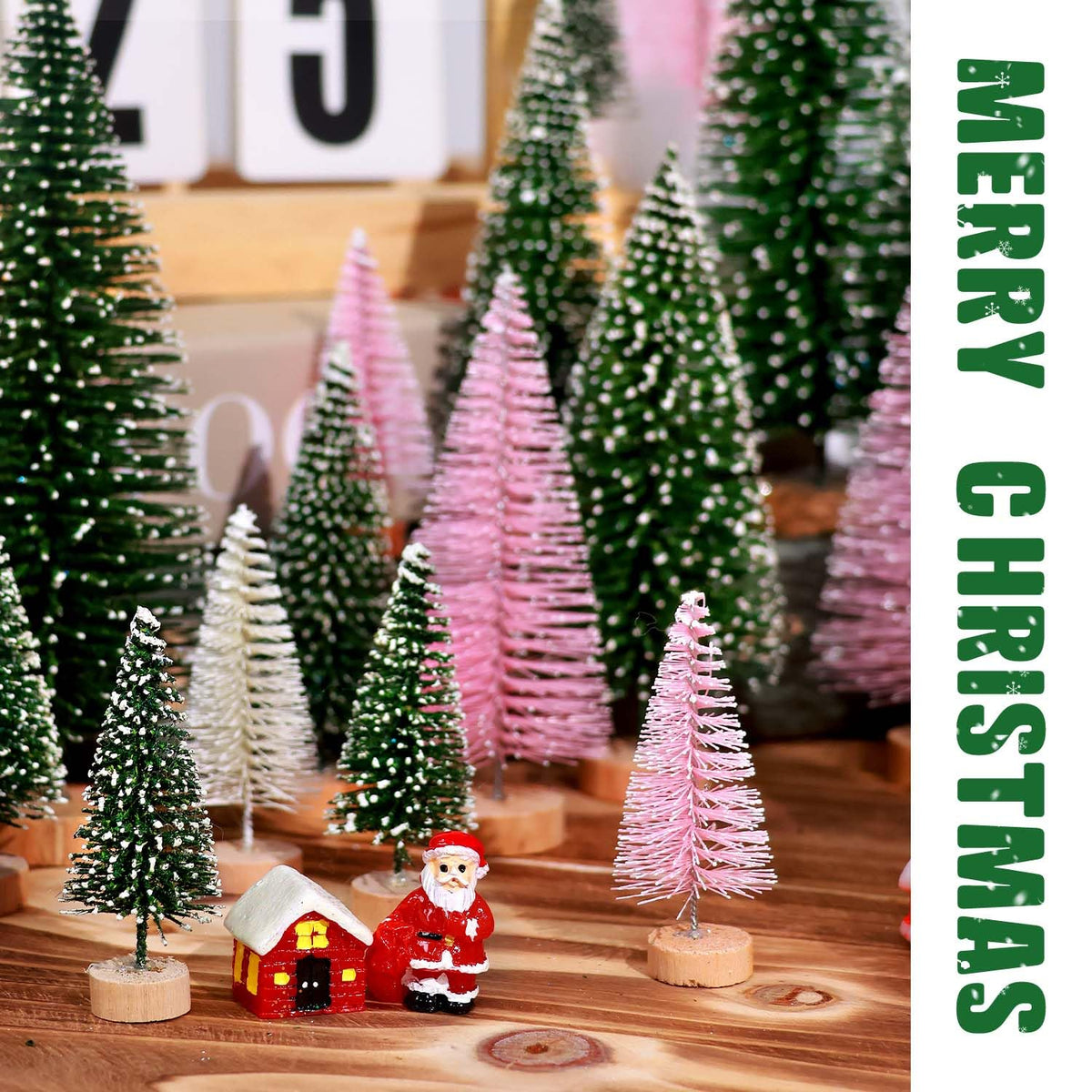 hatisan 30pcs Mini Christmas Trees Artificial Christmas Tree Bottle Brush Trees with Wooden Base for Christmas Decor Party Home Table Craft Decorations