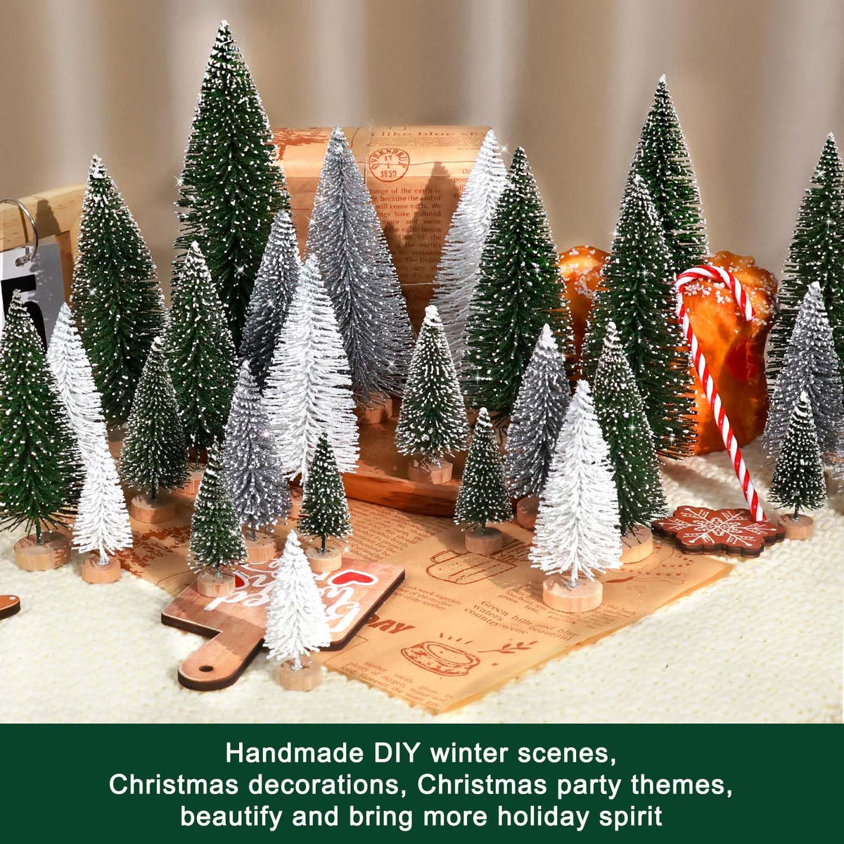 hatisan 30pcs Mini Christmas Trees Artificial Christmas Tree Bottle Brush Trees with Wooden Base for Christmas Decor Party Home Table Craft Decorations