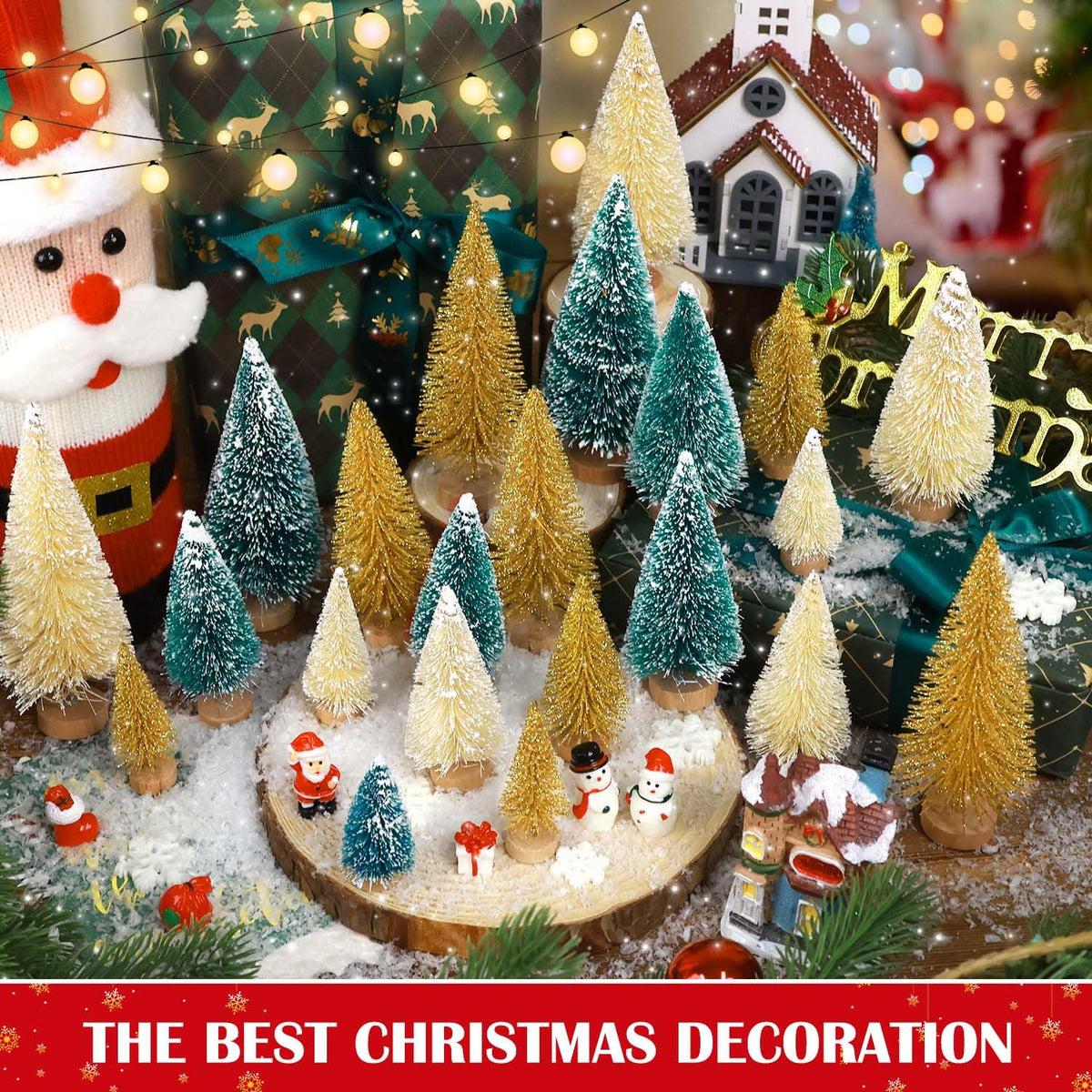 hatisan 30pcs Mini Christmas Trees Artificial Christmas Tree Bottle Brush Trees with Wooden Base for Christmas Decor Party Home Table Craft Decorations