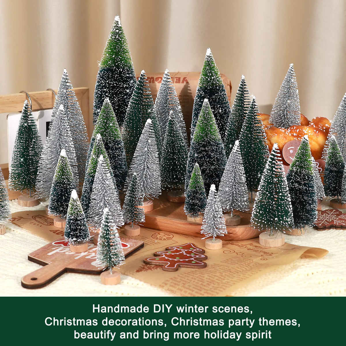 hatisan 30pcs Mini Christmas Trees Artificial Christmas Tree Bottle Brush Trees with Wooden Base for Christmas Decor Party Home Table Craft Decorations
