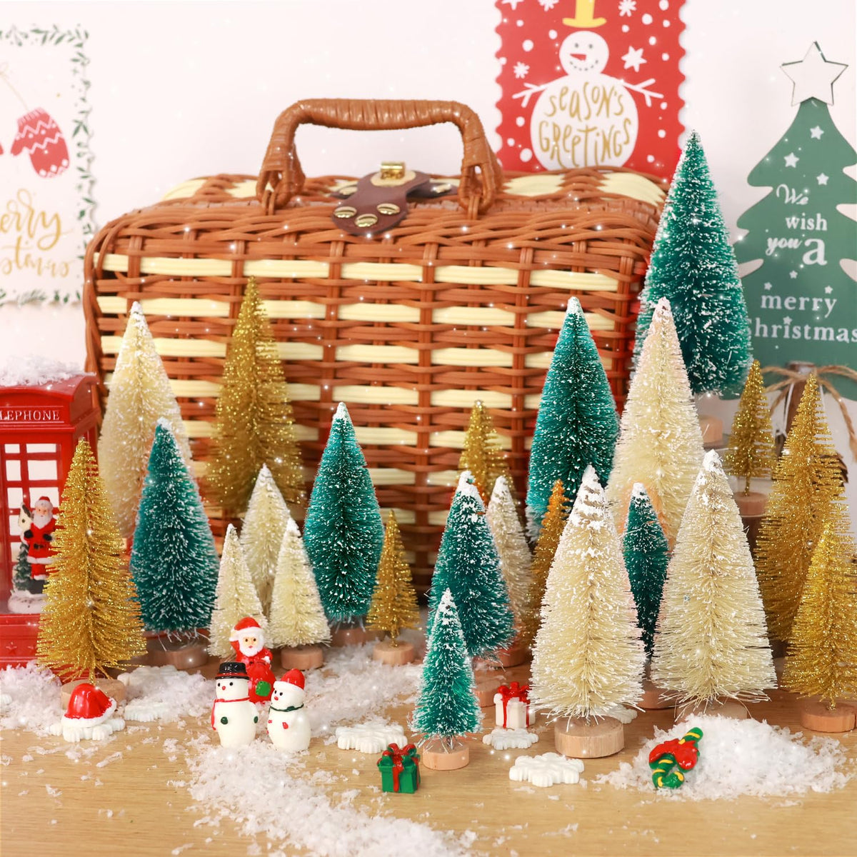 hatisan 30pcs Mini Christmas Trees Artificial Christmas Tree Bottle Brush Trees with Wooden Base for Christmas Decor Party Home Table Craft Decorations