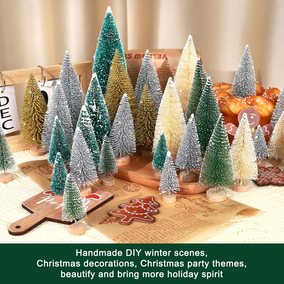 hatisan 30pcs Mini Christmas Trees Artificial Christmas Tree Bottle Brush Trees with Wooden Base for Christmas Decor Party Home Table Craft Decorations