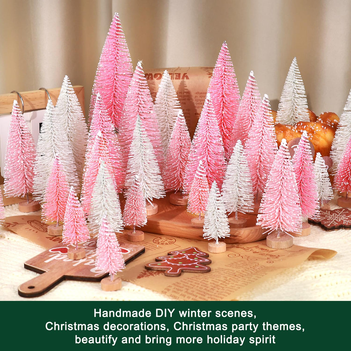 hatisan 30pcs Mini Christmas Trees Artificial Christmas Tree Bottle Brush Trees with Wooden Base for Christmas Decor Party Home Table Craft Decorations