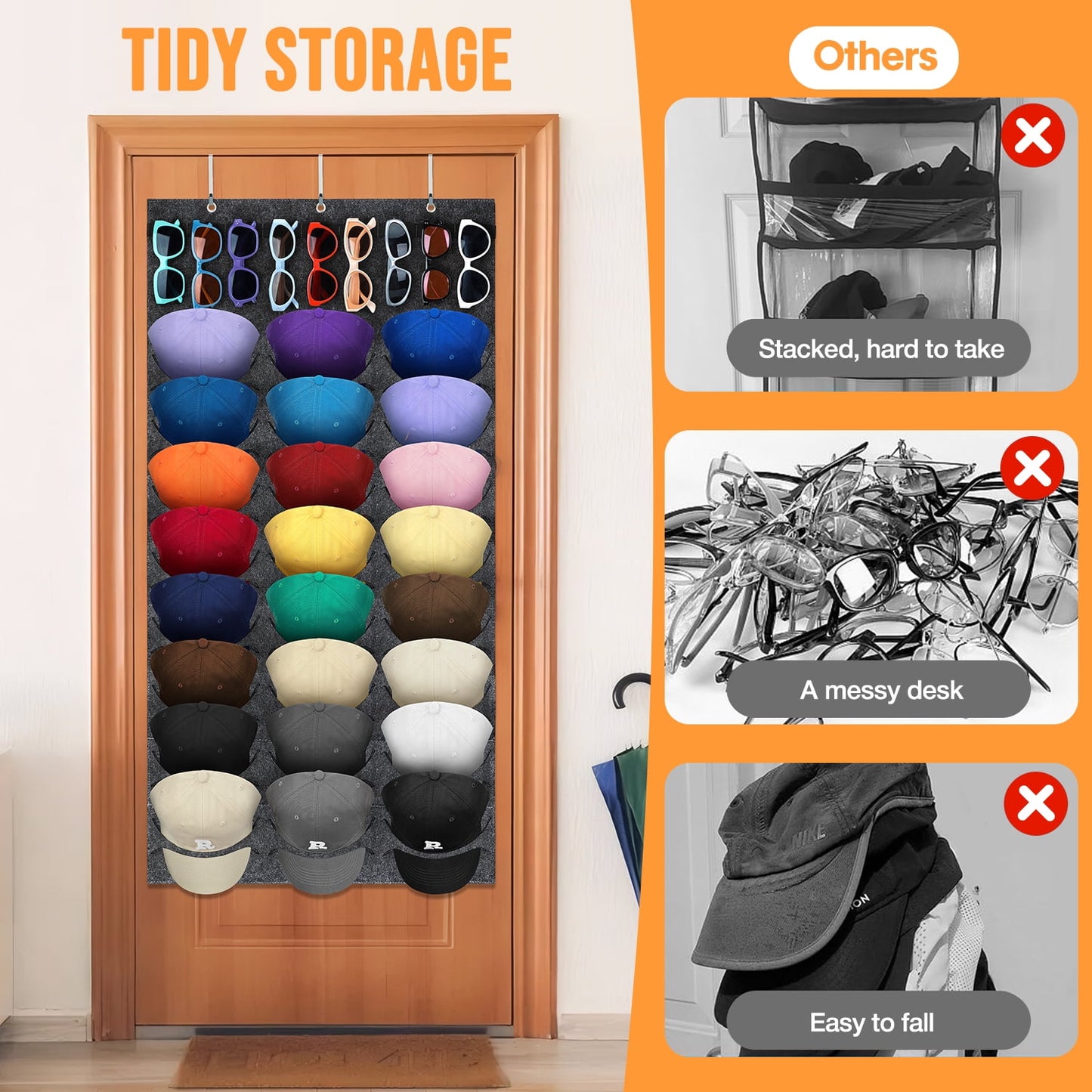 Livhil Over The Door Hat Organizer, Hat Storage for Baseball Cap with 24 Pockets, Visible Hat Holder for Hanging and Display Ball Cap Sunglass