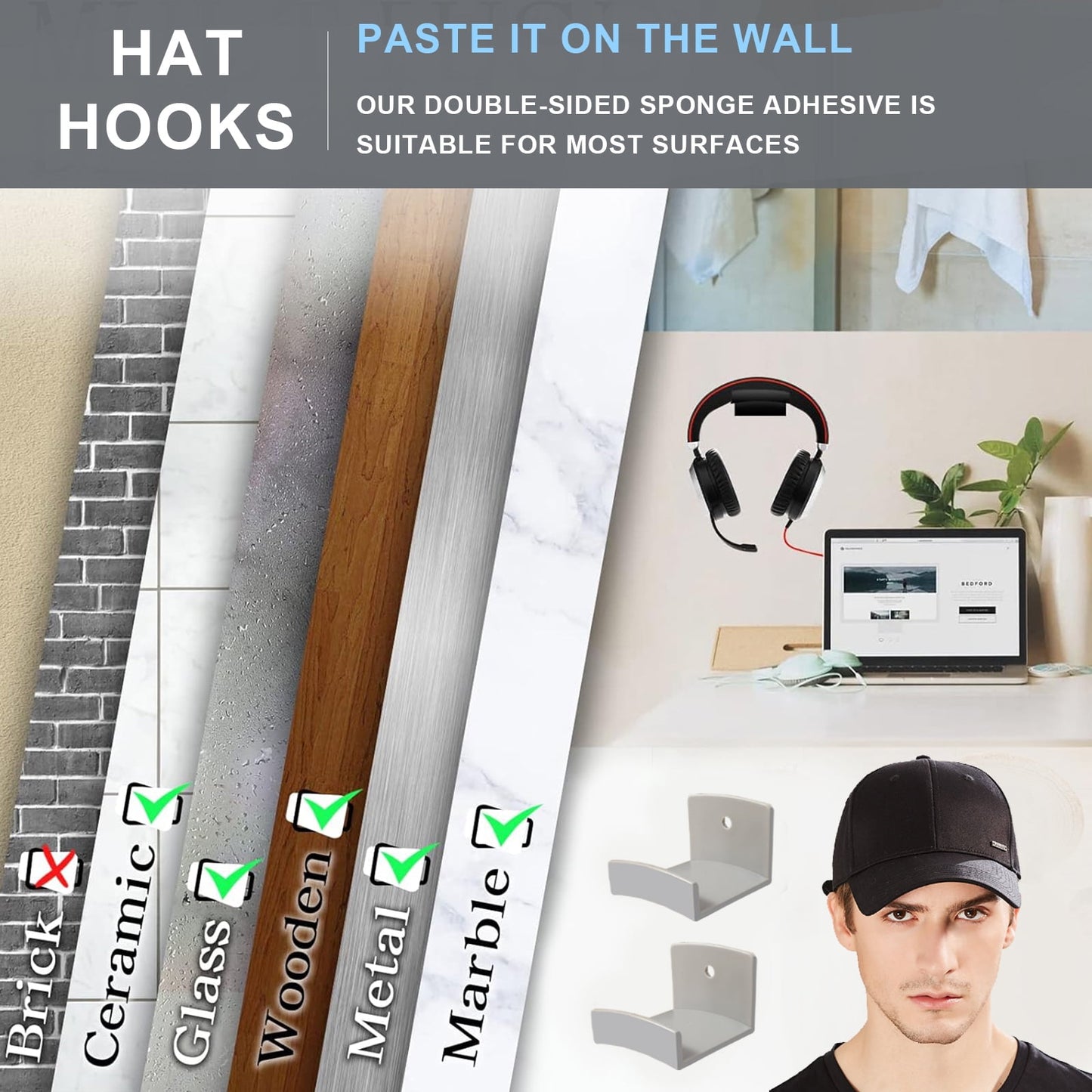 Livhil 24 Pack Adhesive Hat Hooks for Wall, Wide Brim Hat Holder Organizer, Strong Hold Hat Rack for Baseball Caps