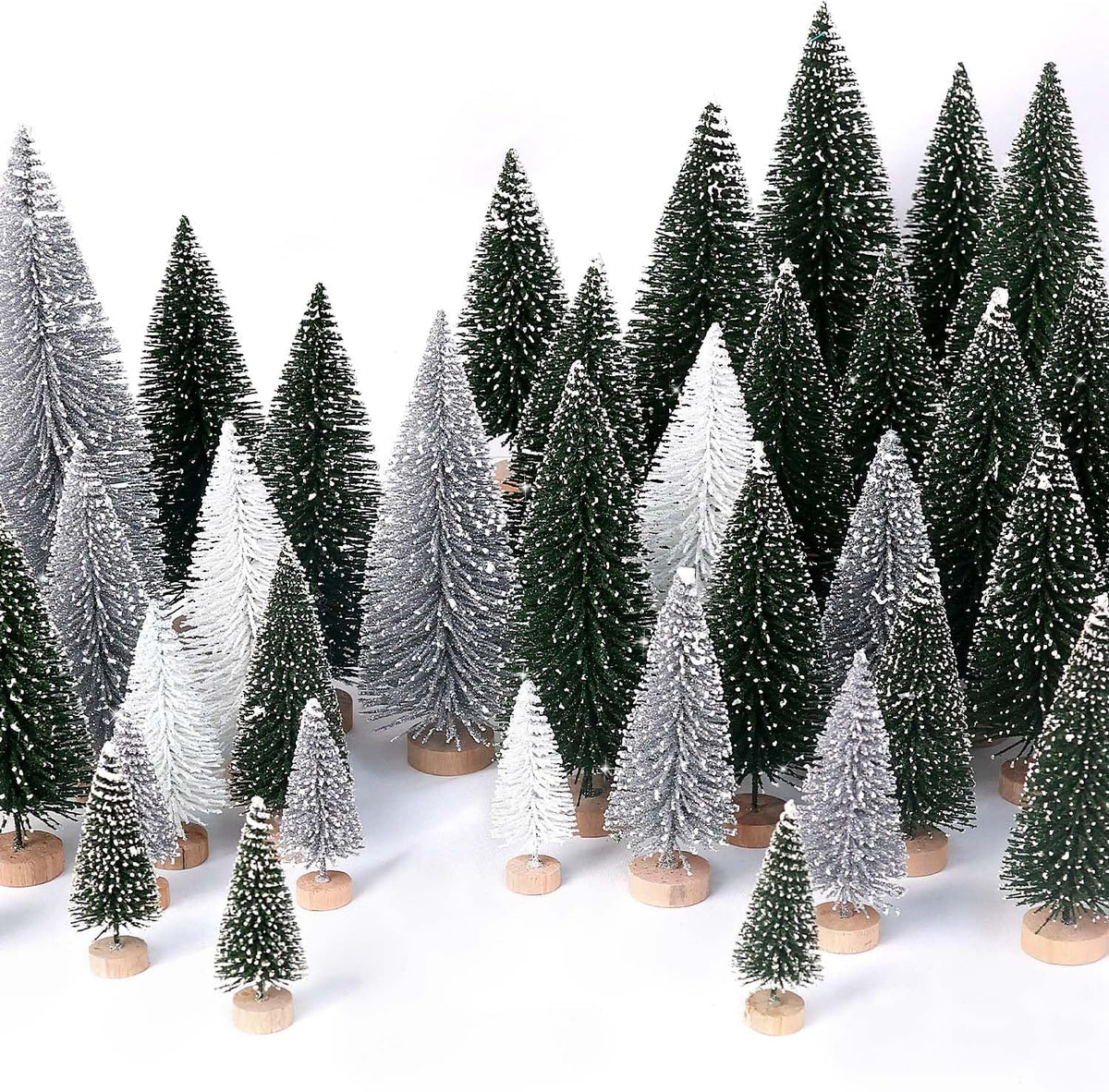 hatisan 30pcs Mini Christmas Trees Artificial Christmas Tree Bottle Brush Trees with Wooden Base for Christmas Decor Party Home Table Craft Decorations