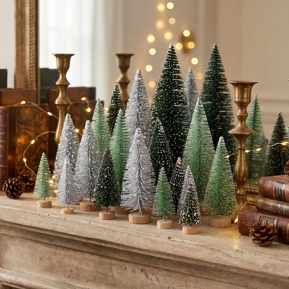 hatisan 30pcs Mini Christmas Trees Artificial Christmas Tree Bottle Brush Trees with Wooden Base for Christmas Decor Party Home Table Craft Decorations