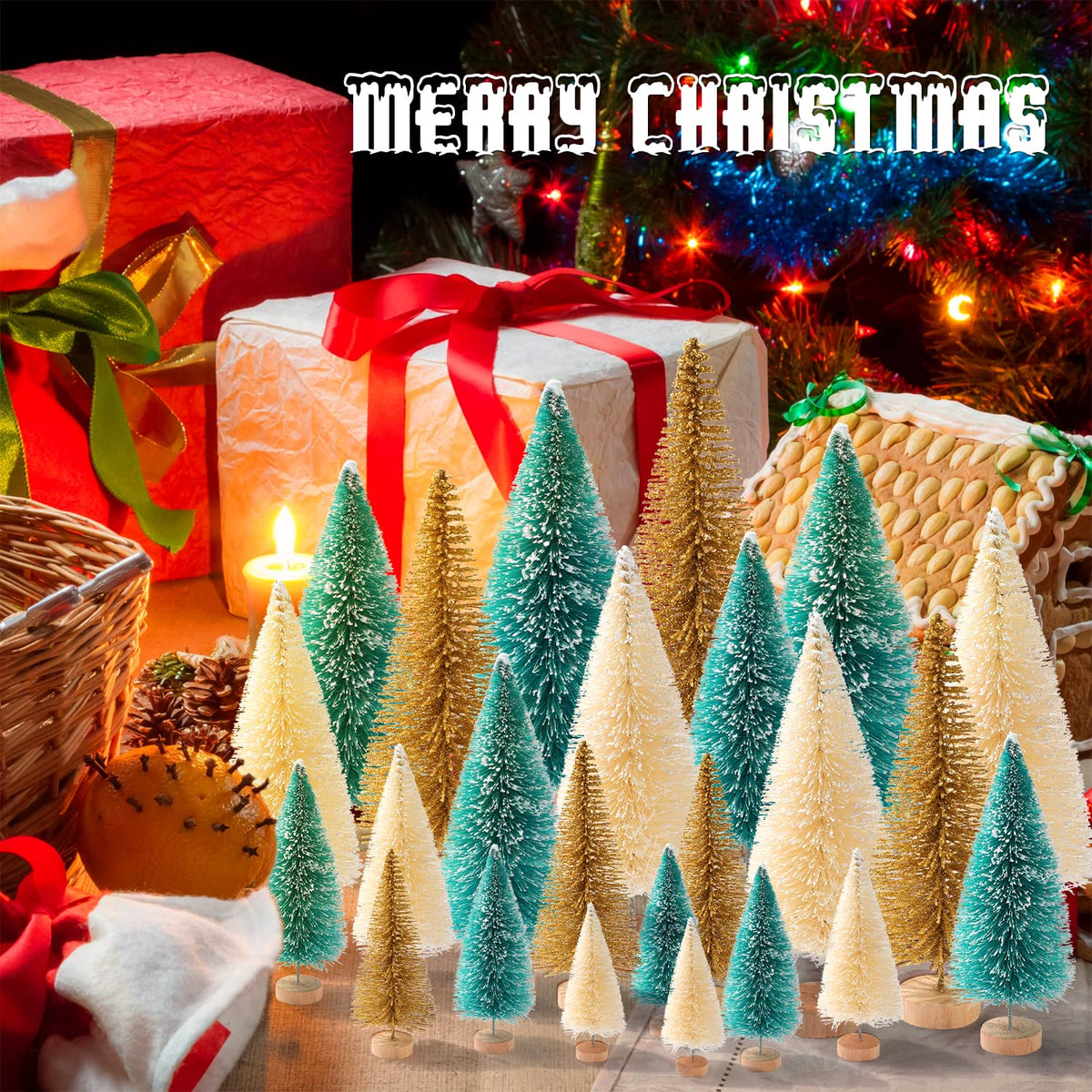 hatisan 30pcs Mini Christmas Trees Artificial Christmas Tree Bottle Brush Trees with Wooden Base for Christmas Decor Party Home Table Craft Decorations