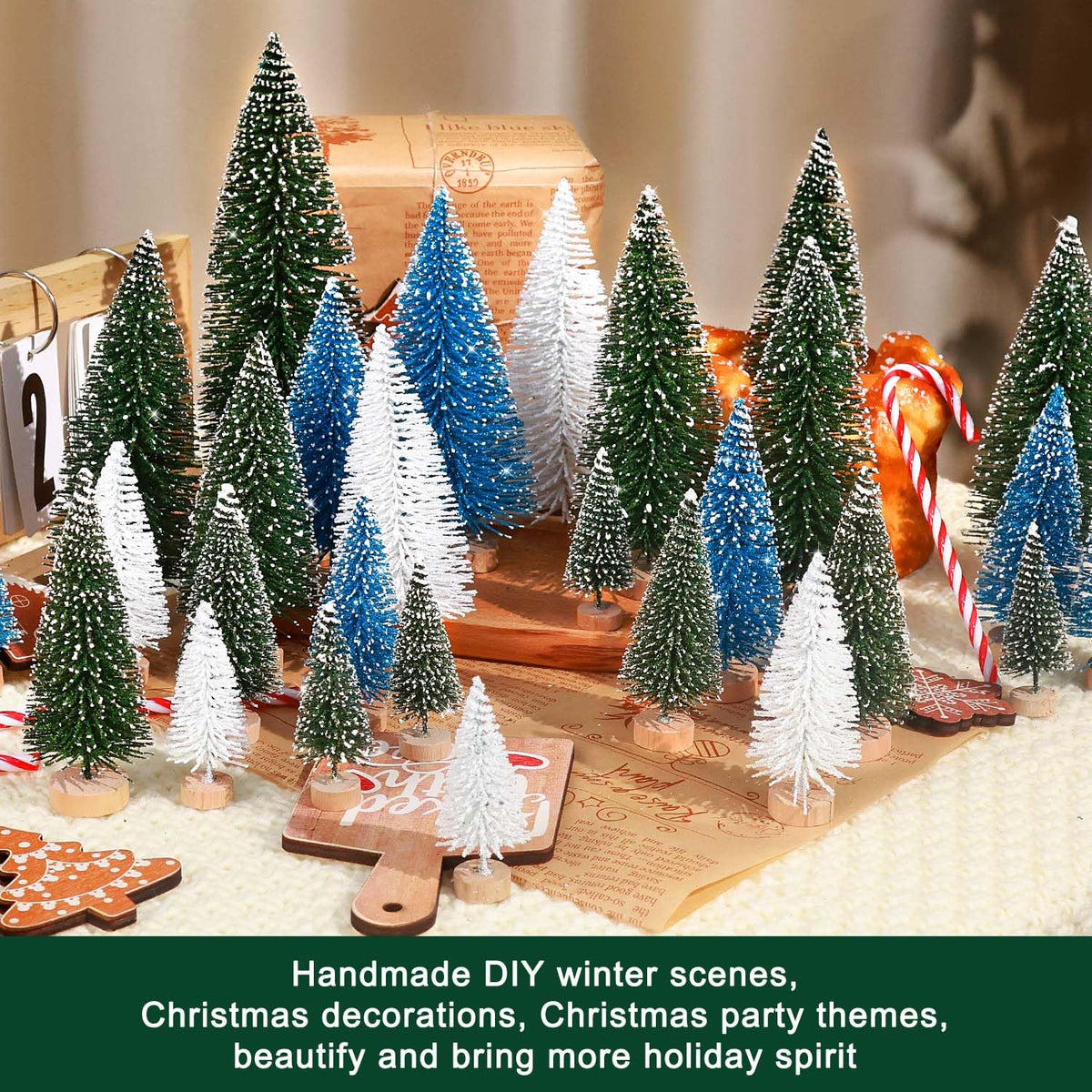 hatisan 30pcs Mini Christmas Trees Artificial Christmas Tree Bottle Brush Trees with Wooden Base for Christmas Decor Party Home Table Craft Decorations