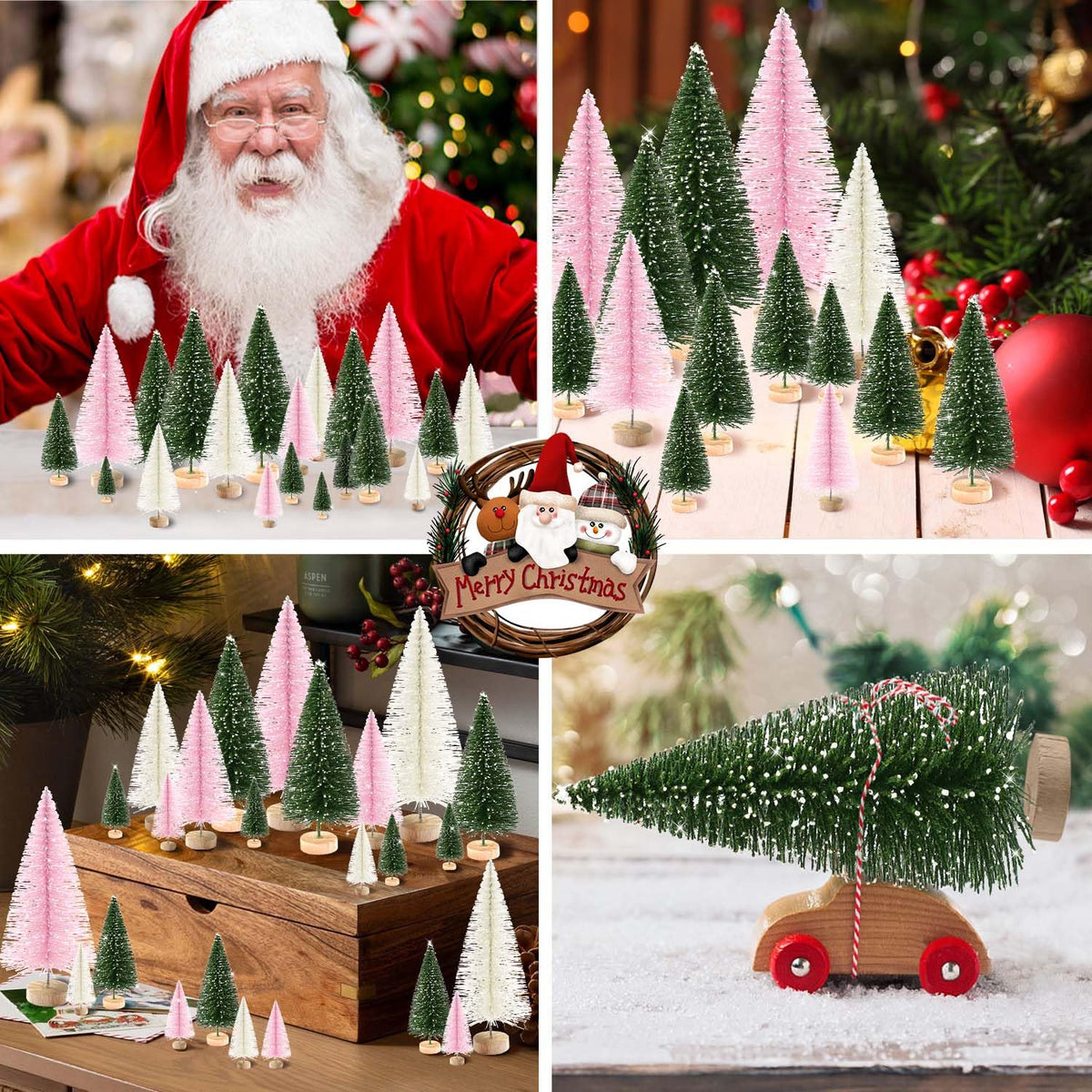 hatisan 30pcs Mini Christmas Trees Artificial Christmas Tree Bottle Brush Trees with Wooden Base for Christmas Decor Party Home Table Craft Decorations