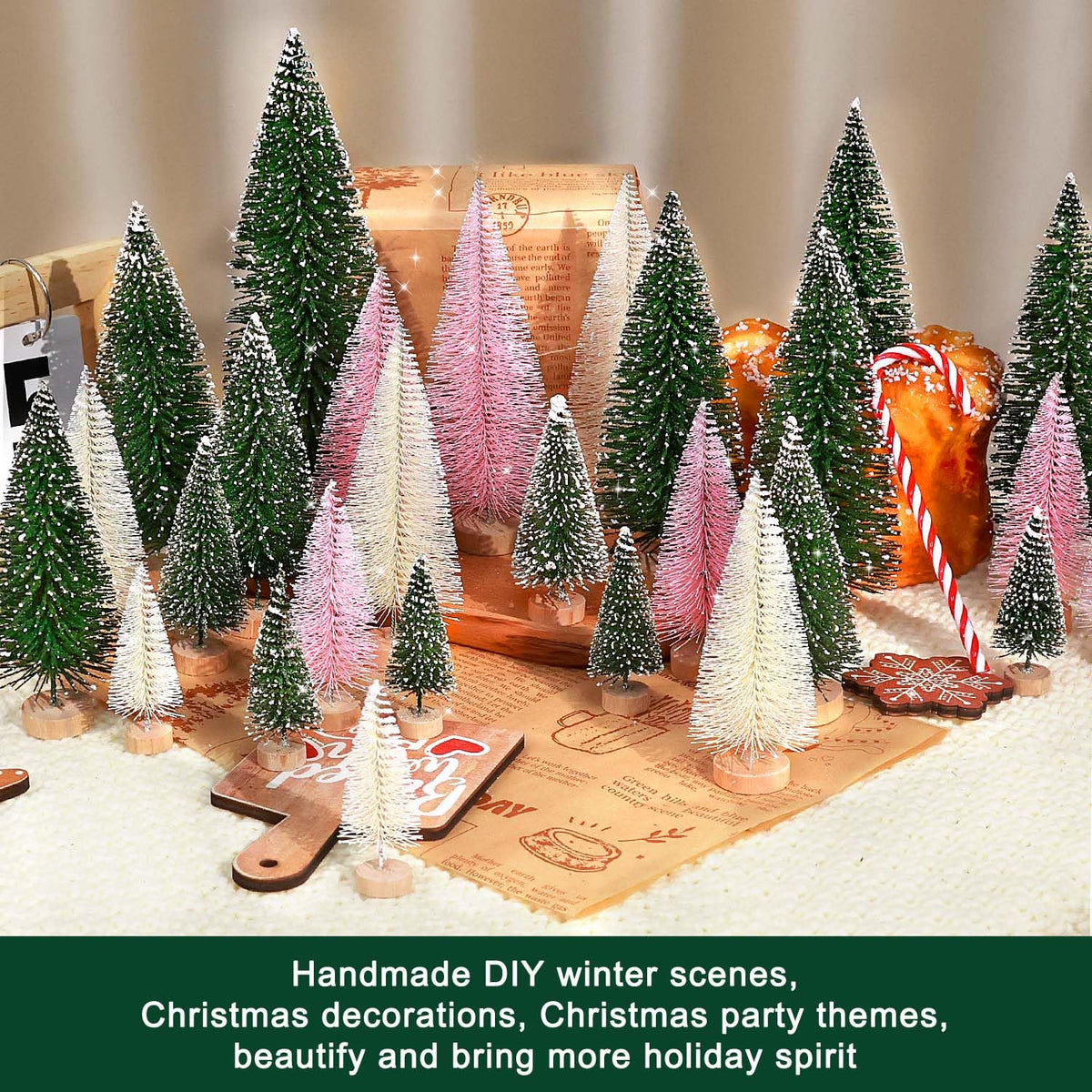 hatisan 30pcs Mini Christmas Trees Artificial Christmas Tree Bottle Brush Trees with Wooden Base for Christmas Decor Party Home Table Craft Decorations