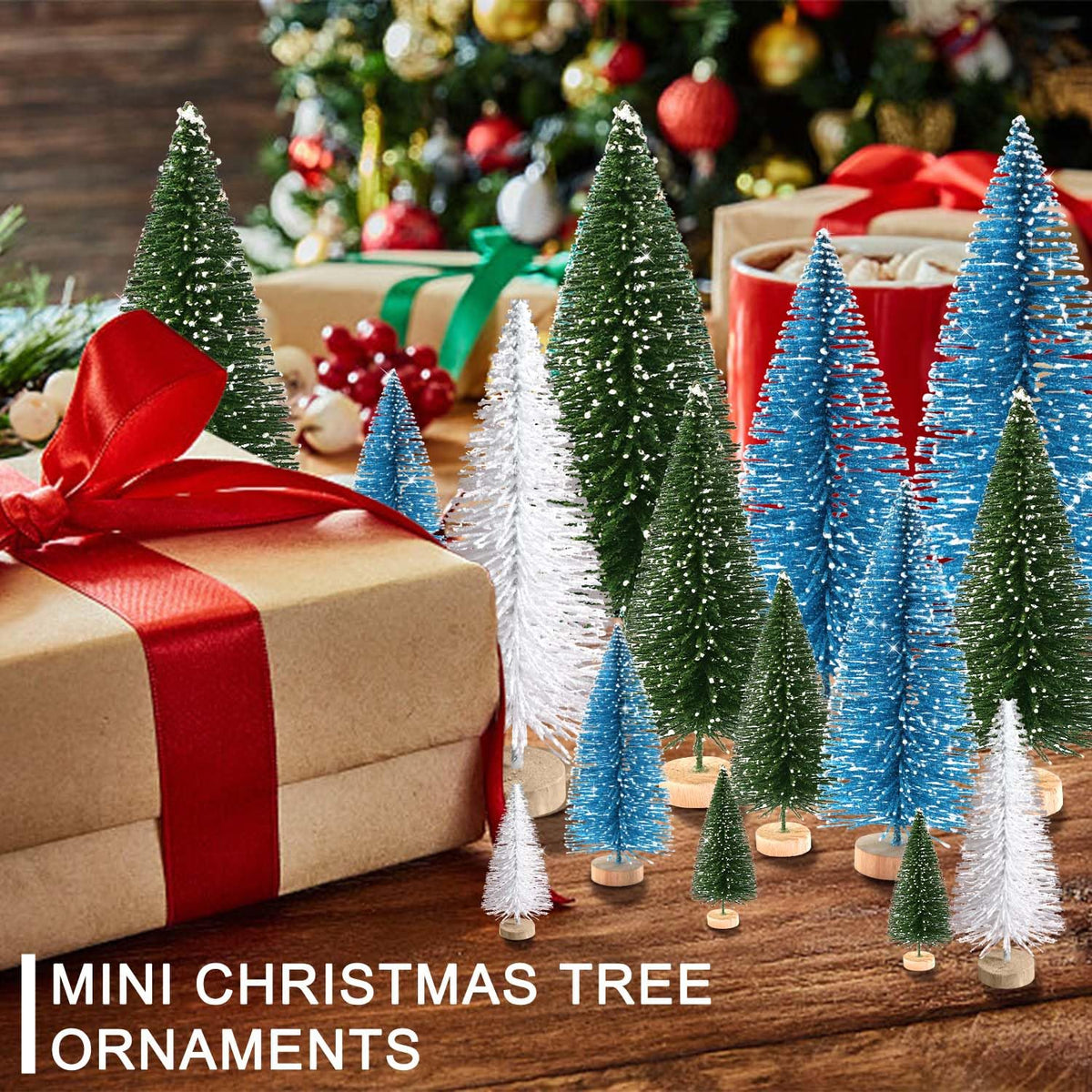 hatisan 30pcs Mini Christmas Trees Artificial Christmas Tree Bottle Brush Trees with Wooden Base for Christmas Decor Party Home Table Craft Decorations
