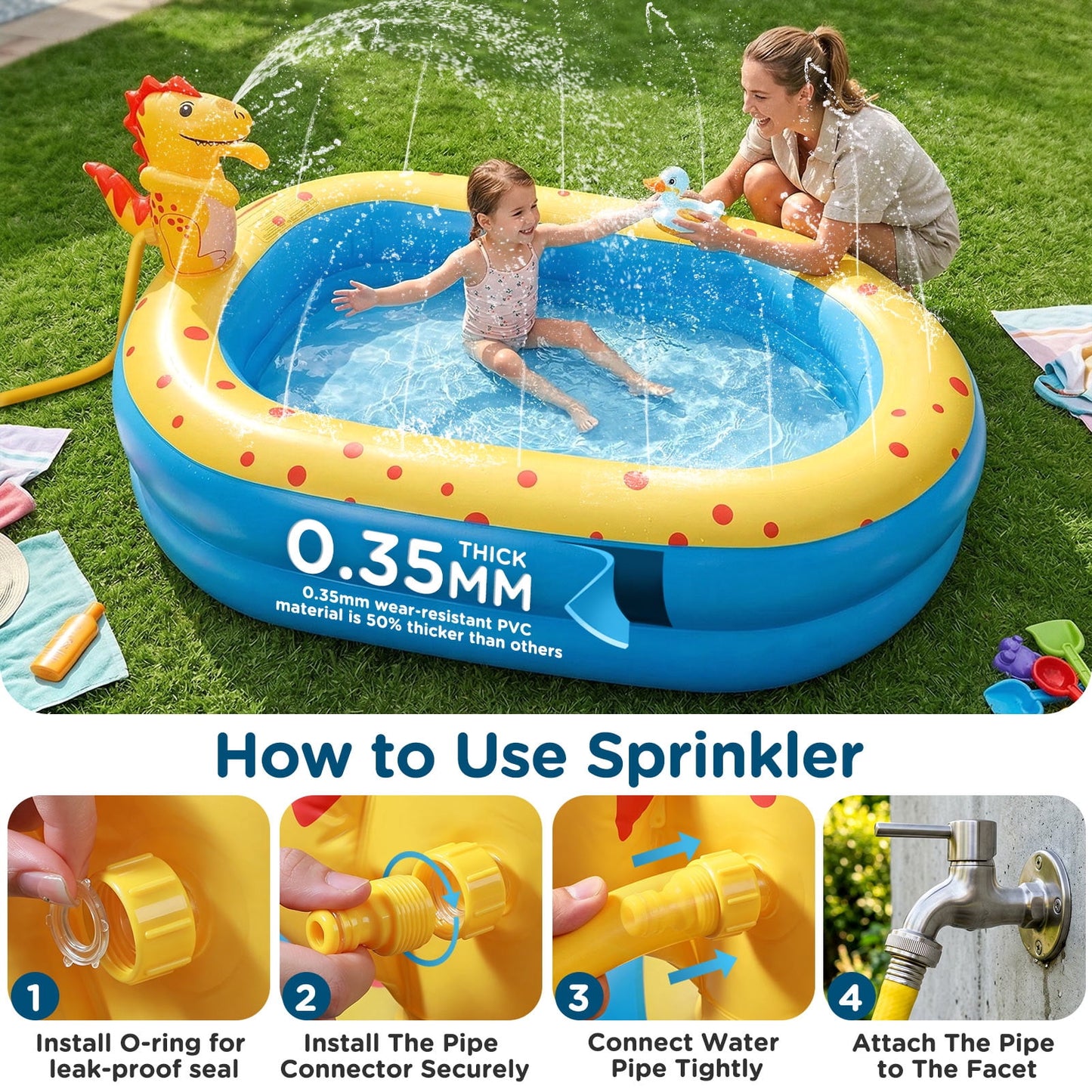 Livhil Inflatable Swimming Pool for Kids with Sprinkler, Kiddie pools 67x41x32in Family Size Backyard Summer Water Play